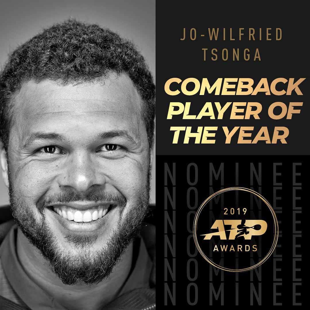ジョー＝ウィルフリード・ツォンガのインスタグラム：「Since my injury last year, I’ve worked a lot to come back at my best level ... 💪🏽 Very happy and proud of this nomination ! 😅 Thank you all for your great support everyday, it means a lot to me ! 🙏🏽 Let’s do it even better in #2020 ! 👊🏽😉 #ATPTour #ATPAwards #TsongaTeam」