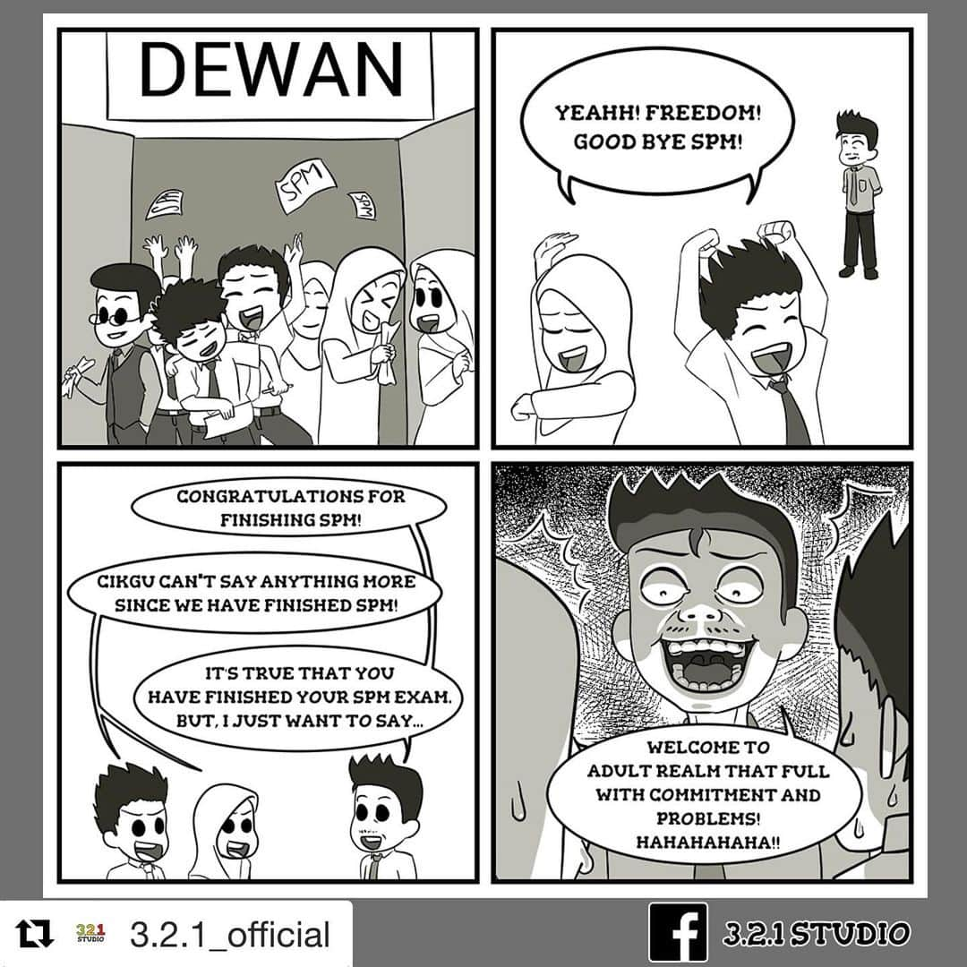 Koleksi Komik Malaysiaさんのインスタグラム写真 - (Koleksi Komik MalaysiaInstagram)「#Repost @3.2.1_official with @get_repost ・・・ Tahniah sebab dah habis exam semua!! Tapi ingat! Perjalanan masih jauh! Doa dan tawakkal ye semua sebab usaha dah dibuat!  Contratulations for finishing SPM guys! Now all you can do is Doa and Tawakkal! And may your efforts bear a fruit! Wish you guys get the best result!  Don't forget to support us by follow, like and subscribe our official page at facebook, instagram and youtube! Help us achieve 10000 followers! Drop your comment and tag your friend and family member that have finished their exam below👇  P/s: jangan lupa sokong dengan follow page instagram, facebook dan juga youtube rasmi kami! @3.2.1_official 😳 komen dan tag member dan keluarga korang yang dah tamat exam kat bawah👇  #comic #comics #comicstrip #animation #malaysia #clipstudiopaint #komik #komikmalaysia #animasi #anime #cartoon #cartoonist #cartoons #drawing #illustration #mangaartist #mangadrawing #illustrator #komikstrip #gengkomik #webcomic #webtoon #kartun #lawak #lawakhambar #アニメ #マンガ #321OFFICIAL #spm spm2019」11月28日 22時39分 - tokkmungg_exclusive