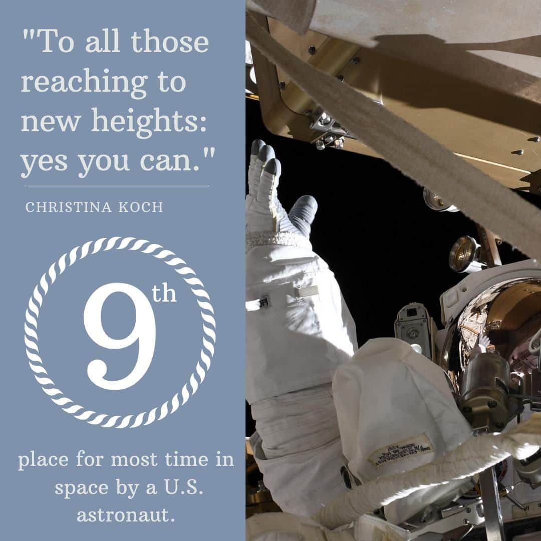 国際宇宙ステーションさんのインスタグラム写真 - (国際宇宙ステーションInstagram)「Reaching new heights - something @Astro_Christina has been doing on board the station for the last 259 days. Today, Christina continues to reach new heights, as she moves into 9th place for most time in space by a U.S. astronaut, passing Mike Lopez-Alegria. #CongratsChristina」11月29日 5時00分 - iss