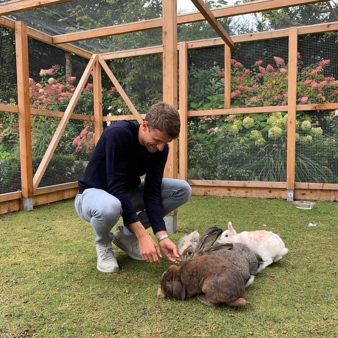 トーマス・ミュラーのインスタグラム：「This is the lineup for the weekend 😜our rabbits are hungry to win against @bayer04fussball  #socute #loveanimals#recovery #homesweethome #wirsollenhakenschlagen」
