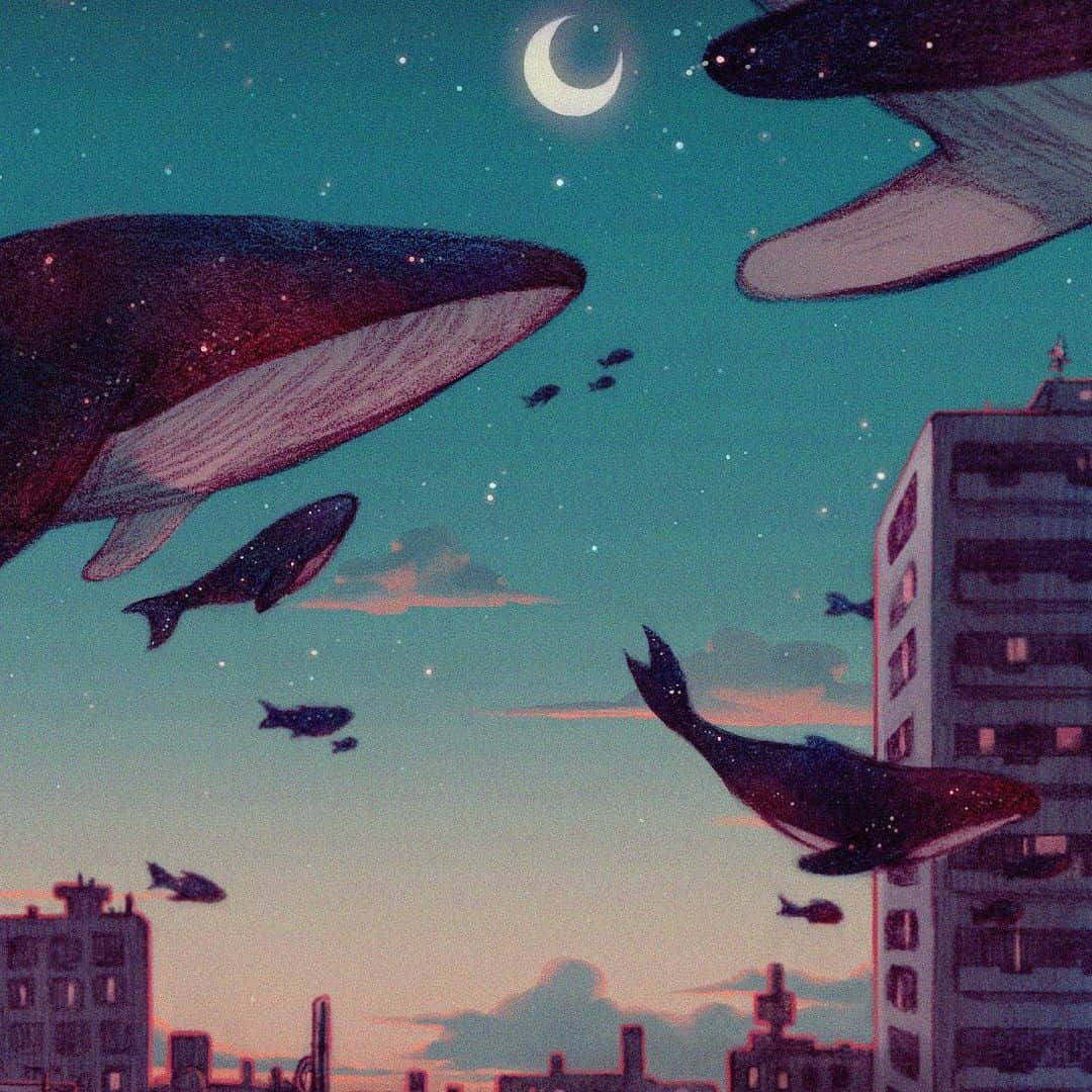 Qing Hanさんのインスタグラム写真 - (Qing HanInstagram)「Migration 🐋🌃 • • • Trying for a calm vibe 😆 Did this a few months ago for my Patrons :D~ Thanks for all the support there~! 💕💕 ~ Happy thanksgiving American peeps~ ~ a lil update. good news first - I got a CT scan earlier this week and preliminary results looks good; the scar hasn't grown and maybe it might even be moving back...maybe? xD. I have noticed my physical scars from all my surgeries and stuff is actually becoming visibly smaller, so hopefully that means the scar in my heart that's trying to kinda kill me is also pulling back and getting smaller. So I'll keep taking my $300/month pill hahaha. Again, thank you to patrons who can help out<3 😀 • • a bit of a bad news - all of the doctors at BC cancer thinks the mass in my body is sarcoma, which is....not great. Sarcoma is a rare soft tissue cancer. They need to do more tests to be sure though, which is good. I really hope I don't have it though cause, I swear to god, if I get two unrelated rare diseases piled on me it is TOO MUCH. Man, with this amount of bad luck I should win the lottery to offset it lmao. thanks for all your encouragement and kind words, sorry I can't reply to everyone >.<~ I will def try to reply more • • • #artistsoninstagram #surrealism #cityscape #whale #sunset」11月29日 8時17分 - qinniart