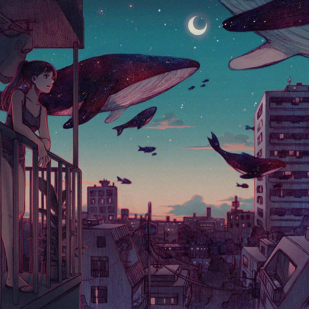 Qing Hanのインスタグラム：「Migration 🐋🌃 • • • Trying for a calm vibe 😆 Did this a few months ago for my Patrons :D~ Thanks for all the support there~! 💕💕 ~ Happy thanksgiving American peeps~ ~ a lil update. good news first - I got a CT scan earlier this week and preliminary results looks good; the scar hasn't grown and maybe it might even be moving back...maybe? xD. I have noticed my physical scars from all my surgeries and stuff is actually becoming visibly smaller, so hopefully that means the scar in my heart that's trying to kinda kill me is also pulling back and getting smaller. So I'll keep taking my $300/month pill hahaha. Again, thank you to patrons who can help out<3 😀 • • a bit of a bad news - all of the doctors at BC cancer thinks the mass in my body is sarcoma, which is....not great. Sarcoma is a rare soft tissue cancer. They need to do more tests to be sure though, which is good. I really hope I don't have it though cause, I swear to god, if I get two unrelated rare diseases piled on me it is TOO MUCH. Man, with this amount of bad luck I should win the lottery to offset it lmao. thanks for all your encouragement and kind words, sorry I can't reply to everyone >.<~ I will def try to reply more • • • #artistsoninstagram #surrealism #cityscape #whale #sunset」