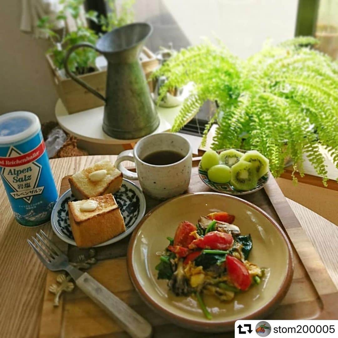 のインスタグラム：「#アルペンザルツ をお使いいただいた @stom200005 様の素敵なお写真をRegramさせていただきました。お使いいただき、誠にありがとうございます。 ━━━━━━━━━━━━━━━━━━━━━━━ #repost @stom200005 ・・・ 朝ごはん  ほうれん草とトマト、舞茸の卵炒め 厚切りトースト バターたっぷり☺  作り置き ひき肉しかなく、豚薄切り肉を買いに出掛けたのに…またひき肉を買ってきてしまったお客様😞お疲れのようです💦 餃子 ミートボール ミートソース 豆腐ハンバーグ 里芋のそぼろ煮 ひき肉入りナムルを作りました😃  #作り置きのある生活#おうちごはん#おうちごはんLover#cooking#朝ごはん#ワンプレート#簡単ご飯#タベリー#フーディーテーブル#料理#料理好きな人と繋がりたい#豊かな食卓#作り置き#料理代行#時短料理#常備菜#緑のある生活#アルペンザルツ#セントルザベーカリー#厚切りトースト#バター」