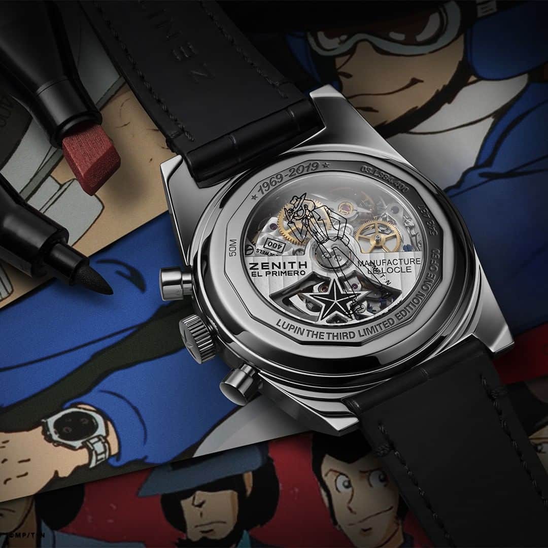 ゼニスのインスタグラム：「#A384: Mr. Daisuke Jigen graces the sapphire back of the A384 Revival Lupin edition, with his outline floating above the El Primero movement.  #Zenith #ZenithWatches #Lupinthethird #Lupin #Lupiniii #Manga #Watches #Watch #Watchesofinstagram #Watchfam #WatchoftheDay #Luxury #WatchAddict #Watchcollector #DailyWatch #ElPrimero #Chronograph #VintageWatches #Caseback #Movement」