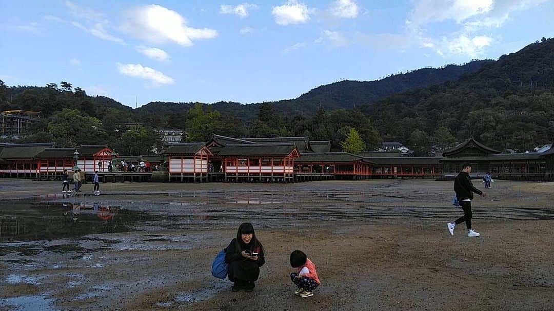 イズミカワソラのインスタグラム：「これまたちょっと前ですが、広島に帰省してました！ ・ 宮島、厳島神社の鳥居⛩は今工事中なのですが、干潮で鳥居のところまで行けたので降りてみました♪ ・ ヤドカリがたっくさんいて私が興奮（笑）」