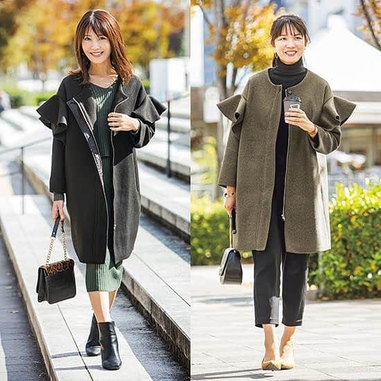 Mart（マート）編集部さんのインスタグラム写真 - (Mart（マート）編集部Instagram)「【Neigeとコラボ！二の腕カバーもできて華奢見え！とびきりかわいいコートができました】﻿ ﻿ 10月号でリボントップスを販売し、大好評だったMart読者に人気のネージュ。今月は多くのリクエストにお応えして、アームのフリルが特徴的なコートをコラボ。Martだけの限定発売です！ ☆ココが別注デザイン☆﻿ ①4cm袖丈を長くしました!﻿ 既存のコートは、ボンディングの薄手タイプで短めの袖だったので、別注は袖を長くし、ウール混に裏地を付けてあたたかさを重視。﻿ ﻿ ②フロントが隠しジップアップに！﻿ サッと着られてすぐに暖かいように、ボタンからジップアップに。前から見るとジップアップが見えずにすっきりと上品に。﻿ ﻿ 色はブラックとカーキブラウンの2色。合わせる服を選ばない黒は女性らしさが出てお出かけにも◎。ワンピースやスカートの丈ともバランスが良く、ほっそりしつつ可愛く見せてくれる主役級のコート。後ろ姿も華やかです。﻿ ﻿ カジュアルをオシャレに見せてくれる万能色のカーキブラウンもおすすめ。両袖のフリルが二の腕や肩をコンパクトに見せる優秀色。﻿ ﻿ スタッフの間でも、「黒が欲しい！」「私はカーキブラウンにする！」「○○さんは黒の方が似合いそう！」と、どちらの色にするか盛り上がった今季いちおしのコートです。﻿ ﻿ ラッフルスリーブ ウールコート ブラック　カーキブラウン フリーサイズ 各¥17,800（税抜） ﻿ 光文社公式通販kokode.jp（@web_kob）のMartコーナーからCheckして！ ﻿ ﻿ ---------------------------------------------﻿ 📍Mart SELECT SHOPの公式Instagramアカウントができました！こちらもぜひフォローしてくださいね💡﻿ ▼▼▼﻿ @mart_select_shop_official ﻿ ﻿ ﻿ #mart #martmagazine #martselectshop #光文社公式通販kokodejp #neige #ネージュ #フリルコート」11月29日 17時07分 - mart.magazine