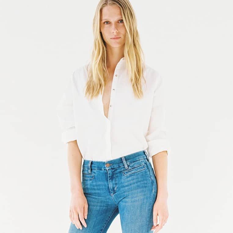 のインスタグラム：「Our Iconic Marrakesh Jean in Bee wash paired with the crisp white New Oversize shirt. Everyday style. #mihjeans #sustainabledenim  #britishheritage」