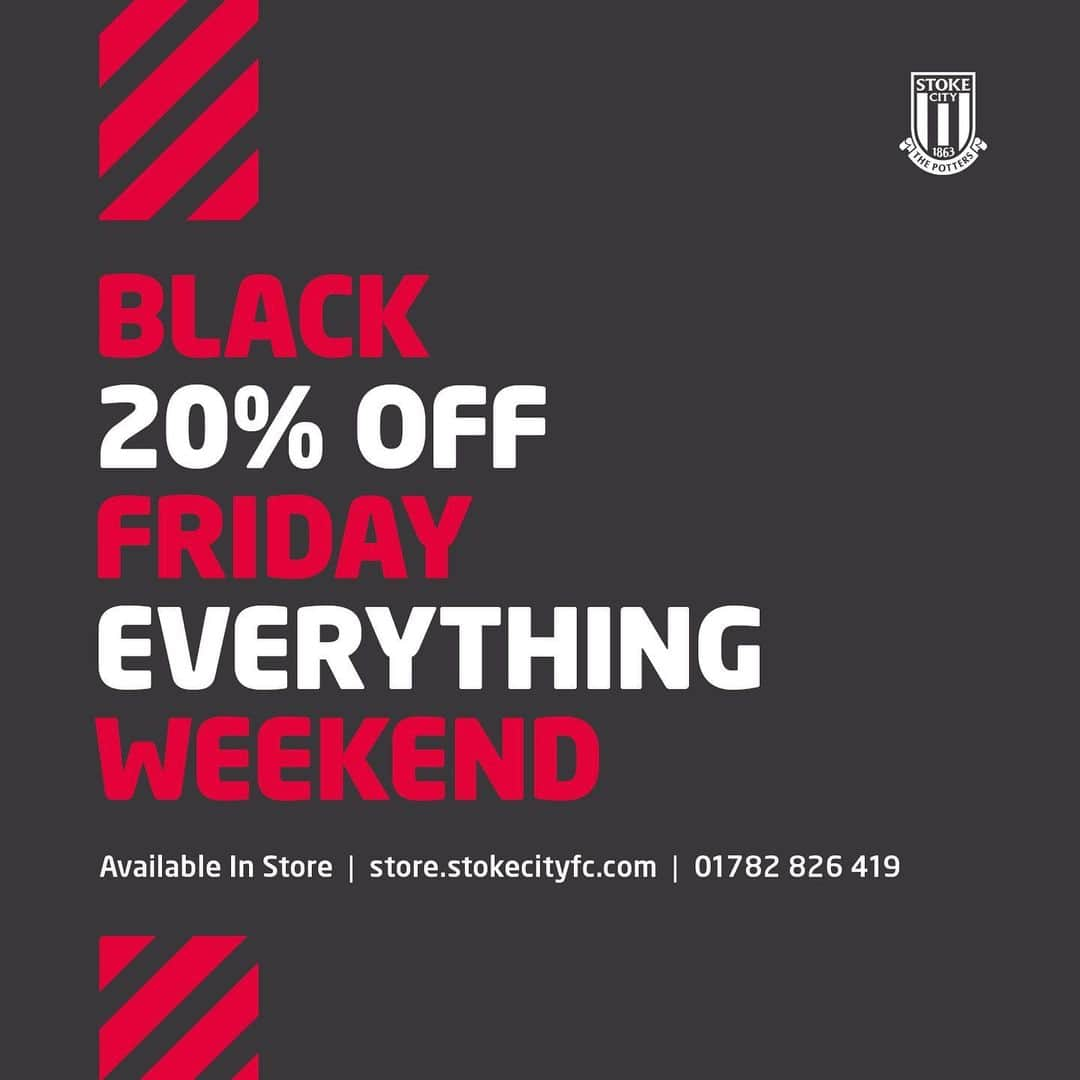 ストーク・シティFCさんのインスタグラム写真 - (ストーク・シティFCInstagram)「2️⃣0️⃣% OFF EVERYTHING!  It’s our Black Friday Weekend Sale!  In-store and online.  #SCFC 🔴⚪️」11月29日 21時30分 - stokecity