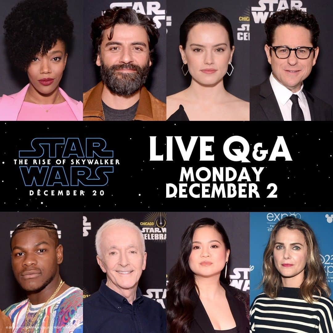 スター・ウォーズさんのインスタグラム写真 - (スター・ウォーズInstagram)「Tune in Monday to watch a livestream Q&A with the cast of #StarWars: #TheRiseOfSkywalker. Comment with your questions!」11月30日 1時00分 - starwars