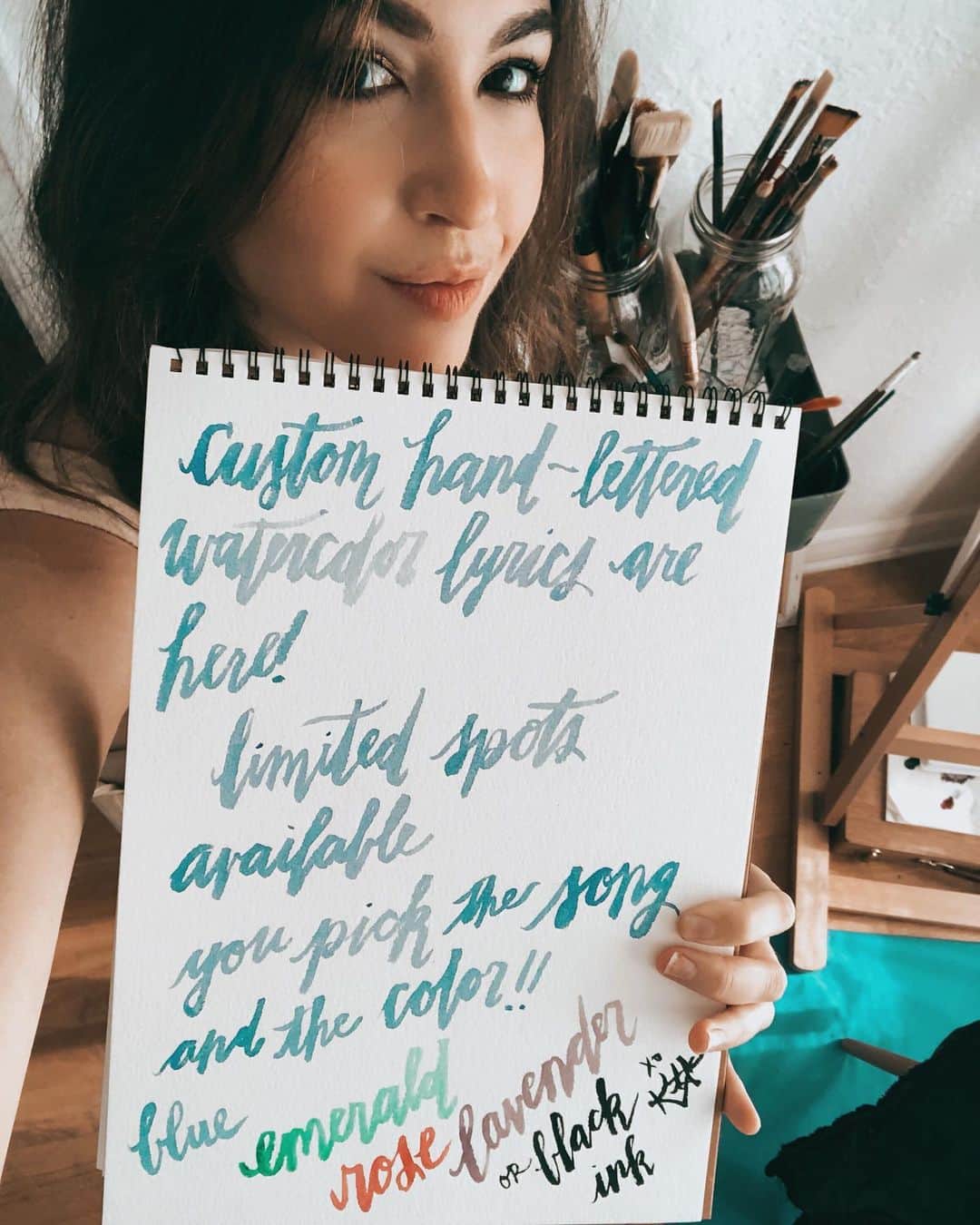 ケイト・ボイージェルのインスタグラム：「this weekend only! take 15% OFF the shop, including handwritten painted lyrics BACK IN STOCK! these have never been on sale before and there’s a super limited quantity, so head to the shop to reserve yours before the holidays! use code “KVLOVESYOU15” - link in bio 🎨🎶 . . We also restocked Notre Dame “French” prints for the weekend 🎉 happy FRIDAY! . .  https://www.katevoegele.com/merch/custom-handwritten-brush-letter-lyrics」