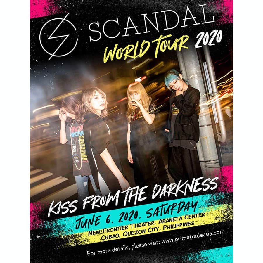 SCANDALさんのインスタグラム写真 - (SCANDALInstagram)「Announcing our initial SCANDAL WORLD TOUR 2020 “Kiss from the darkness” overseas locations! Seoul, Singapore, Manila, and Bangkok! More details will be announced, so stay tuned! ・ ・ ・ 来年開催のSCANDAL WORLD TOUR 2020 "Kiss from the darkness"にソウル、シンガポール、マニラ、バンコクのアジア4公演が追加発表！まだまだ海外公演追加情報ございますのでお楽しみに！ #scandal #kftd #her」11月30日 12時08分 - scandal_band_official