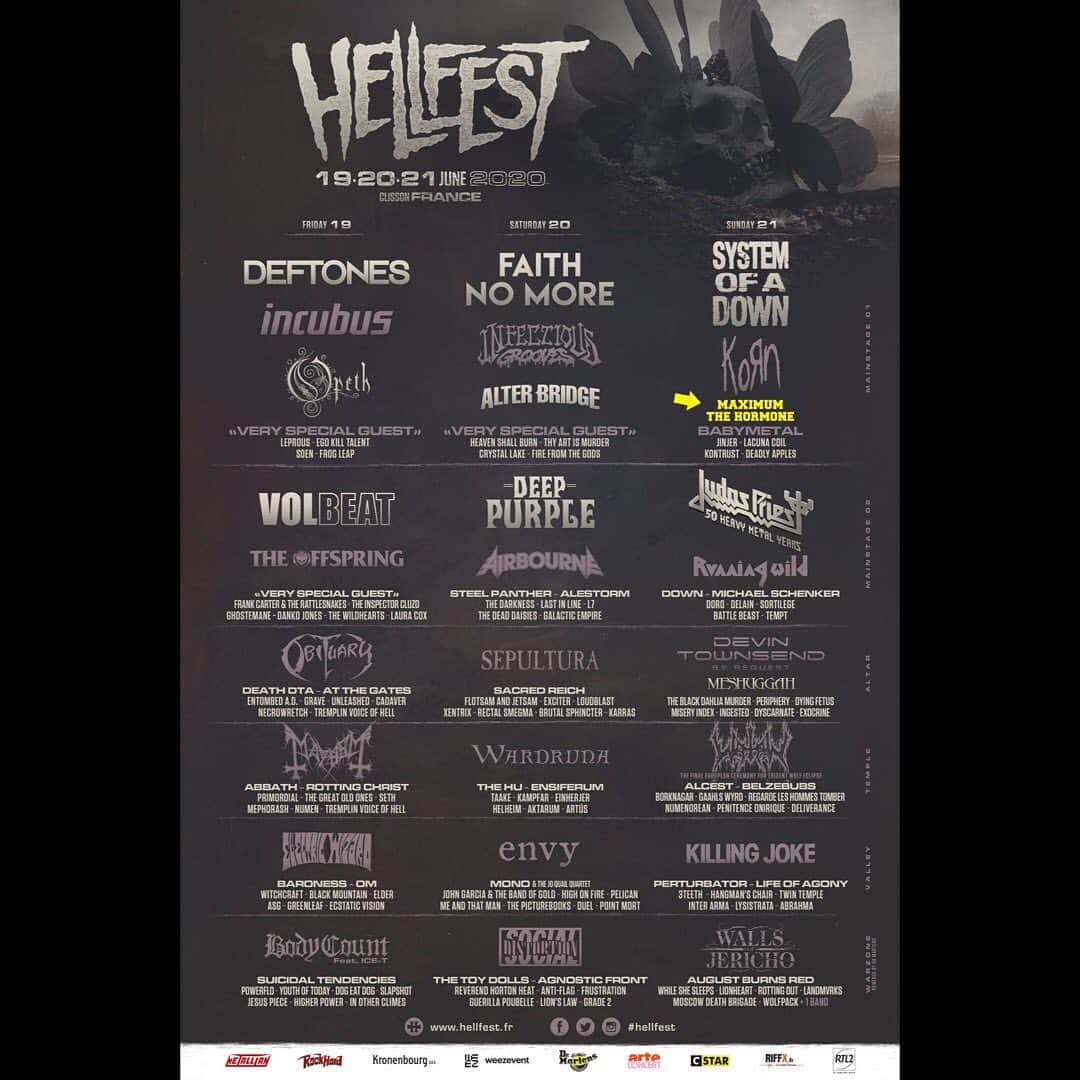 マキシマム ザ ホルモンのインスタグラム：「先日、フランスのFES「HELLFEST」主催者よりホルモンの出演が発表されましたが、 ホルモンはオファーを受け、マキシマムザ亮君の体調を見ながら出演検討中のため、現状確定ではありません。 出演情報が確定次第、改めてお知らせいたしますので、皆様今しばらくお待ちください。 byミミカジル」