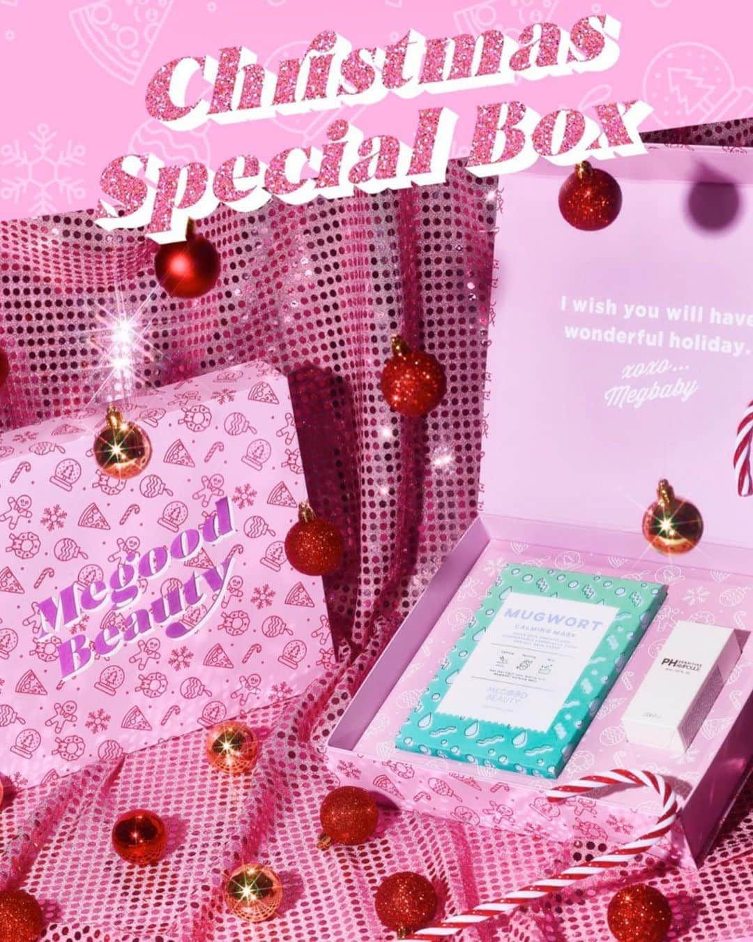megbabyのインスタグラム：「🎅🏼Christmas Special Box🎁 明日、12月1日17時より販売開始いたします🧸 ・  気になる箱の中身は・・❤️ ・ 🌿MUGWORT CALMING MASK(マグワート カーミング マスク)🌿 12月中旬発売予定の新商品!! ♡鎮静効果 ♡解毒効果 ♡マイルドな肌へ ・ ✨SAM'U PH SENSITIVE AMPOULE✨ 11月に販売してや、1日で完売した幻のPHアンプルがクリスマススペシャルボックスに入って再販売決定!! ♡抗酸化作用 ♡肌表面を引き締める ♡毛穴レスの肌へ ♡シワやたるみにアプローチ  さらに・・❤️ ・ 🖤Original Mirror🖤 MEGOOD BEAUTYのオリジナルミラーをクリスマススペシャルボックスご購入の方全員へプレゼント‼️ ・ 通常購入価格¥8,250相当の商品が・・ 販売価格¥5,800(税抜き価格)👏🏻 ・ ⚠️数に限りがございますので気になる方はお早めに‼️」
