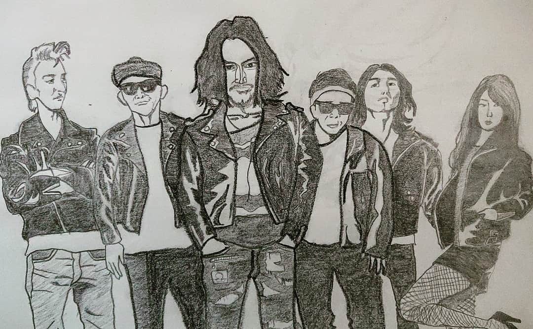 のインスタグラム：「ムサフェス出演アーティストを描いてみた!  第3弾は  OLEDICKFOGGY @oledickfoggy_official  人数多いから描くのに時間かかった！  楽しみや！  ムサフェス開催まであと44日！  #武蔵 #musashirockfestival2020 #お絵かき  #oledickfoggy #coldrain #10feet #sexmachineguns #doasinfinity  http://musashirockfestival.com/ 【テレ・マーカー presents MUSASHI ROCK FESTIVAL 2020】 2020/1/13（月・祝）@豊洲PIT」