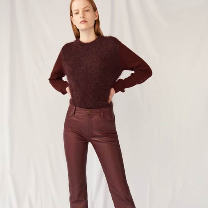 エムアイエイチジーンズのインスタグラム：「Tonal textures. From the archives the Daily leather jean in super soft burgundy leather worn with the mohair Dawes Sweater.  #mihjeans  #britishheritage #archive」