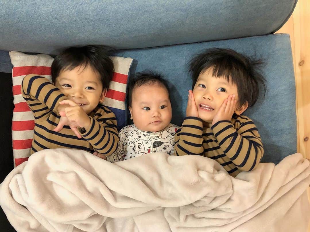 橋田昌実のインスタグラム：「同じ布団に入りたがる兄達🤭❤︎﻿ ﻿ ﻿ ﻿ #三兄弟」