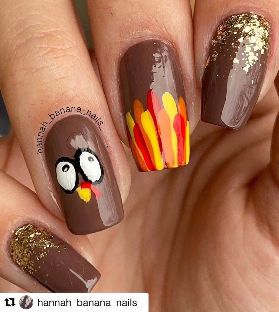 Nail Designsさんのインスタグラム写真 - (Nail DesignsInstagram)「#Repost @hannah_banana_nails_ ・・・ Thanksgiving Turkey nails! 🦃  _____ Products: 🦃: @opi “Squeaker of the House” ♥️: @chinaglazeofficial “Flame-Boyant” 🎃: @chinaglazeofficial “Stoked to be Soaked” 🤩: @officialpureice “Show Stopper” ✨: @ellamila “Drippin’ Gold” 👀: @opi “Alpine Snow” 🌮: @glistenandglow1 Top Coat _____ Tags: #nail #nails #mani #manicure #nailart #nailpolish #nailartclub #naildesigns #naildesign #nailswag #nailstagram #nails2inspire #nailswatch #nailartaddict #holo #  #simplynotlogical #holonails💿 #watermarble #flowers #halloween #fall #thanksgiving」12月1日 11時10分 - nailartfeature