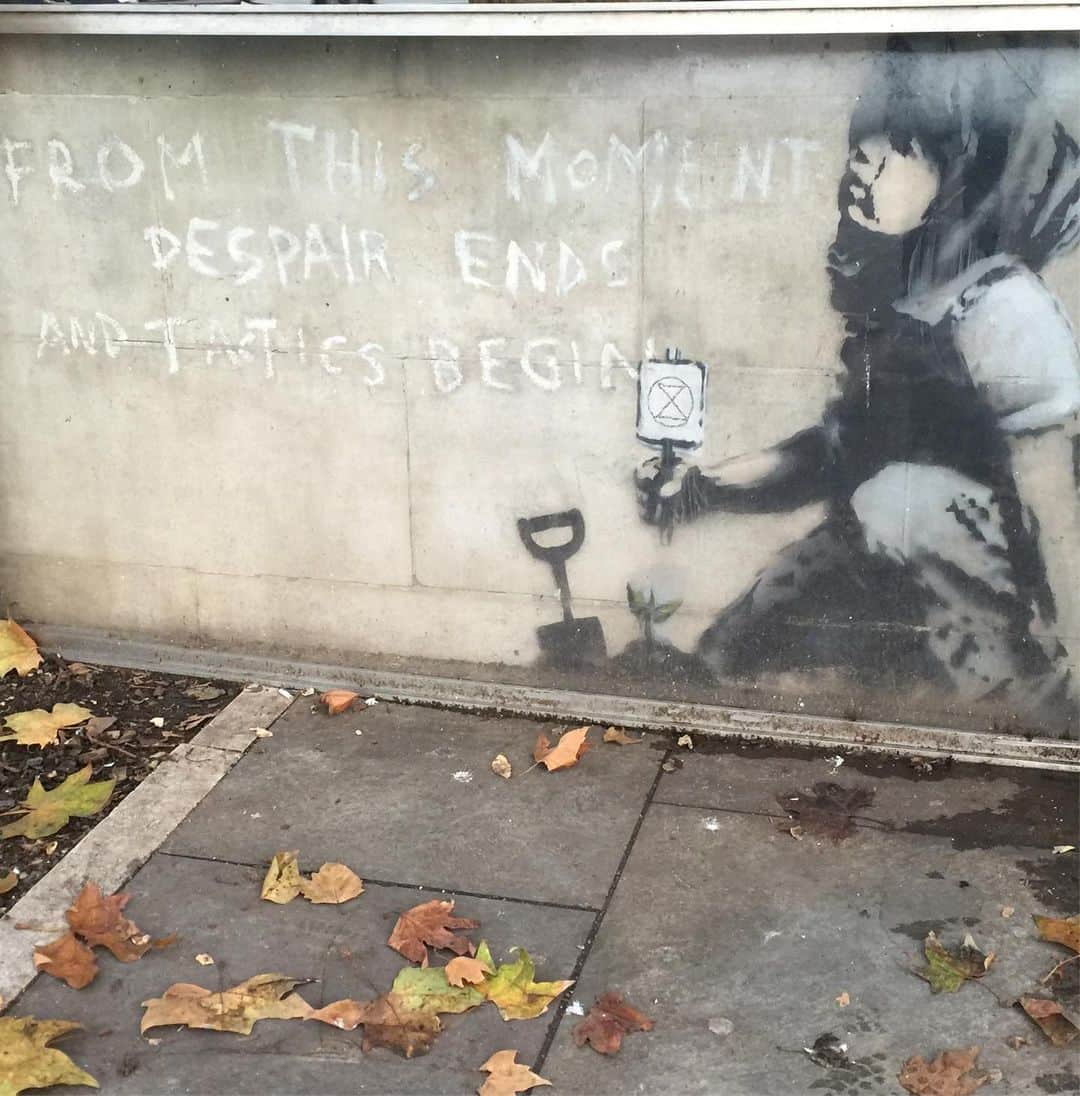 ふかしのインスタグラム：「Banksy’s artworks in London.#banksy  #extinctionrebellion  #snortingcopper  #teamrobborat  #fallingshopper  #boyanddoginajohnnypump」