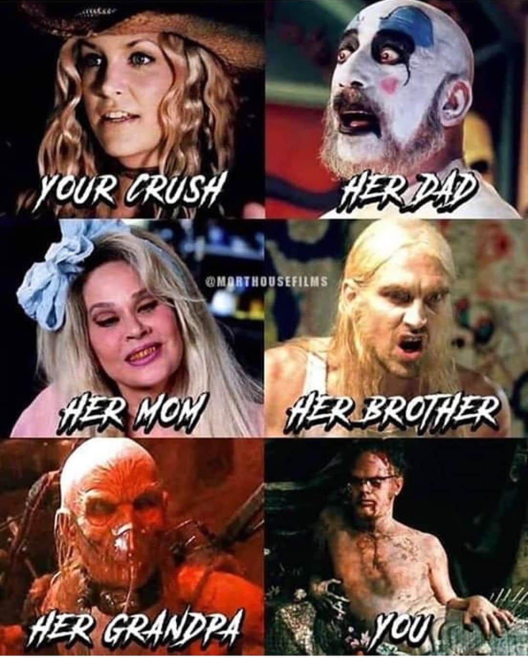 ロブ・ゾンビのインスタグラム：「Not sure who takes the time to make theses things but this one is pretty funny. Although technically Dr. Satan isn't Grampa. #houseof1000corpses #drsatan #sherimoonzombie #karenblack #sidhaig #rainnwilson #fishboy #robzombie」