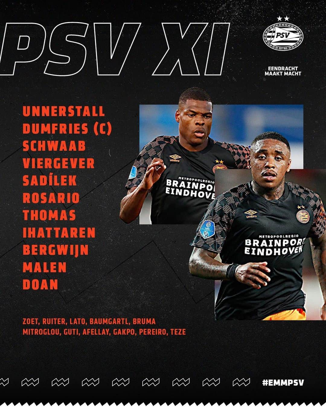 PSVアイントホーフェンさんのインスタグラム写真 - (PSVアイントホーフェンInstagram)「Three changes 🔄 Swipe for our XI. #EMMPSV」12月2日 3時00分 - psv