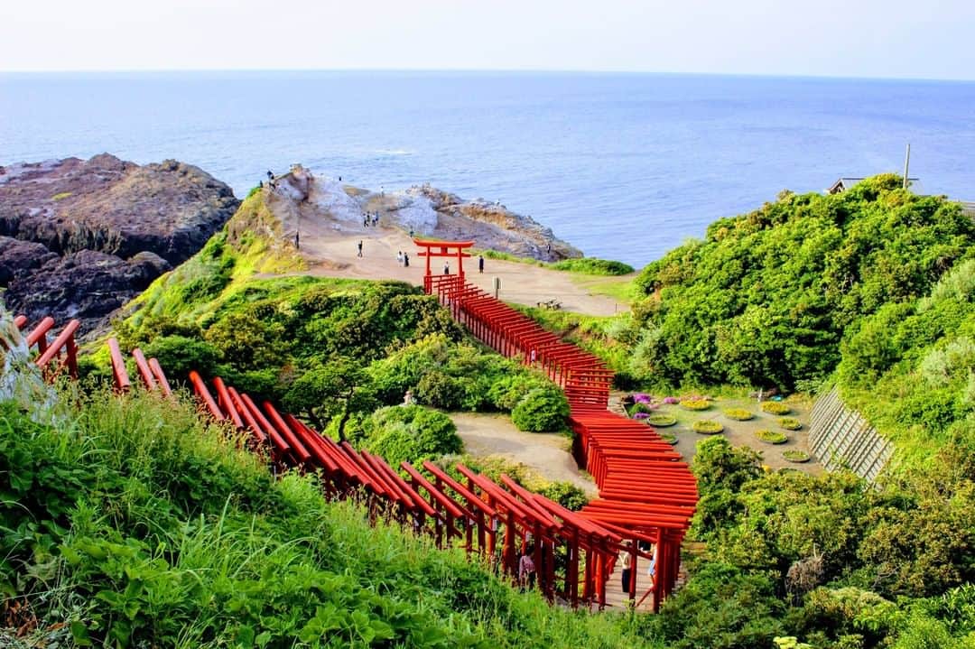 のインスタグラム：「山口絶景めぐりの旅へ出かけませんか？﻿ ﻿ 目の前に広がる海と、123（ひふみ）本の鳥居が立ち並ぶ景色が印象的な「元乃隅神社」。﻿ 空と海の青、木々の緑、そして鳥居の赤が織りなす色彩のコラボレーションが美しい神社です。﻿ ﻿ 絶景スポットとして有名なこの神社ですが、もうひとつ特徴的なのが賽銭箱のある場所。﻿ 敷地内に高さ6mの大鳥居があるのですが、なんとその上部に賽銭箱が設置してあるのです。﻿ 日本で最も入れにくい賽銭箱とも言われていますが、そのぶん、投げ入れられれば願いが叶うのだとか。 ﻿ ﻿ --------------------﻿ 「元乃隅神社」については#ことりっぷweb で紹介しています。詳しくはトップページのURLからご覧ください。﻿ @cotrip_official﻿ --------------------﻿ ﻿ #ことりっぷ#ことりっぷアプリ#旅行#trip#yamaguchi﻿ #山口#山口旅行#絶景#元乃隅神社#元乃隅稲荷神社#神社#神社めぐり#鳥居﻿ #ig_japan#visitjapan #japantrip #japantravel」