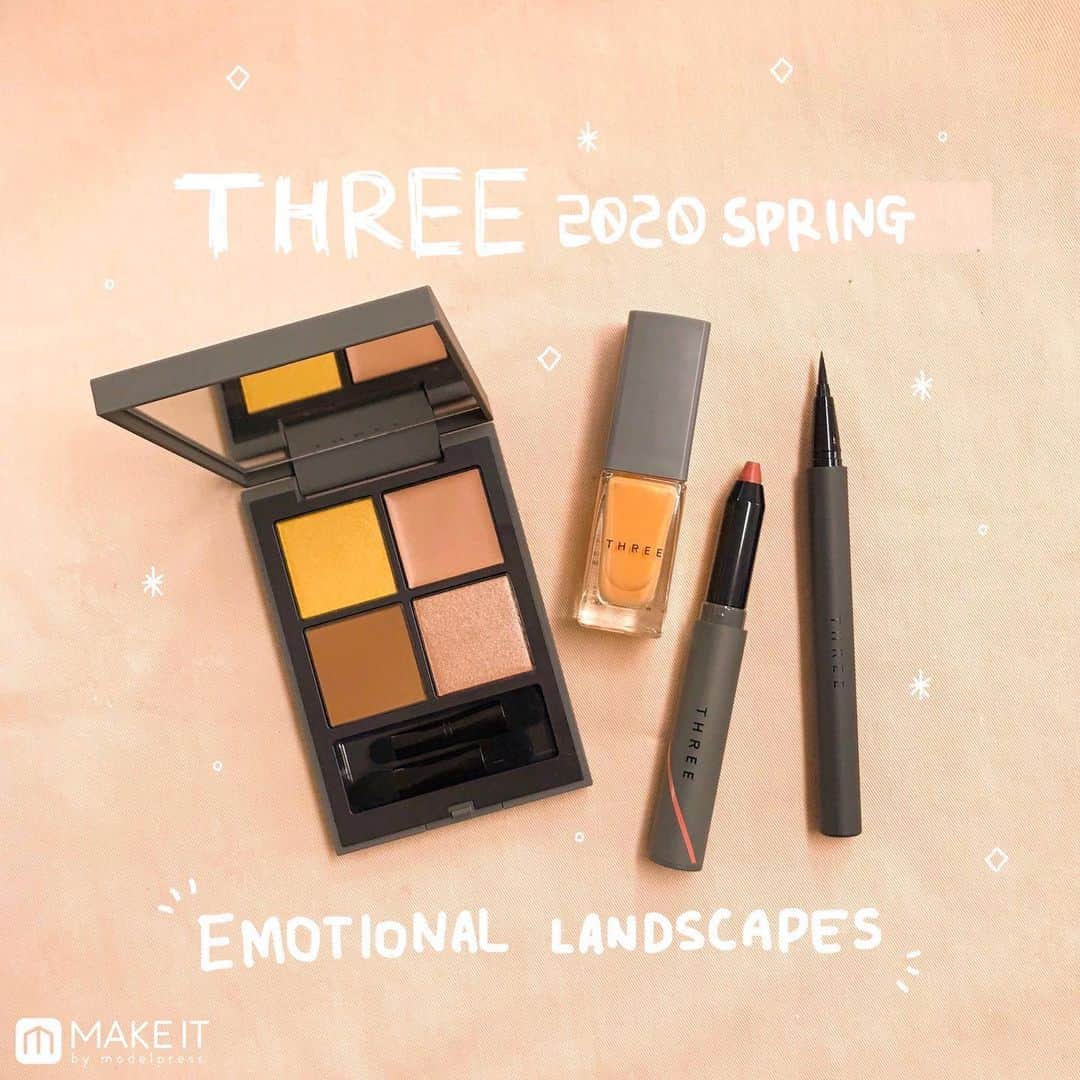 のインスタグラム：「🌼 #THREE 2020春コレクション 🌼﻿ ﻿ 〜〜〜〜〜〜〜〜〜〜〜〜〜〜〜〜〜〜〜﻿ 2020年1月1日発売﻿ 2020 SPRING MAKEUP COLLECTION﻿ “EMOTIONAL LANDSCAPES”﻿ 〜〜〜〜〜〜〜〜〜〜〜〜〜〜〜〜〜〜〜﻿ ﻿ 春コレクションは、2020年公開予定の﻿ THREEのショートフィルムの撮影で訪れた﻿ アイスランドの景色が着想源🇮🇸✨﻿ ランドスケープ（景色）とは﻿ エモーション（感情）の中にあるもの…🤔﻿ “感情が映し出す景色”をコンセプトに、﻿ 見る景色に感情を宿すきっかけを与えてくれるような﻿ 新作アイテムが多数登場します😌🍀﻿ ﻿ スワイプして全アイテムの﻿ スウォッチをチェックしてね👉💗﻿ ﻿ ﻿ 🌟THREE インディストラクティブルアイライナー﻿ 新商品 全8色 各3,500円（税抜）﻿ ﻿ 感情に刻まれた景色のような、﻿ 唯一無二の色彩のリキッドアイライナー✨﻿ しなやかなコシと柔軟性を持つ﻿ フェルトタイプの筆先が、﻿ 時に想像を超えるほどのクリエイションを実現します👏💫﻿ ﻿ 〈色展開〉﻿ ・01 VOLCANIC ASH BLACK﻿ ・02 VOLCANIC VIKING﻿ ・03 VOLCANIC DESERT GRAY﻿ ・04 ANDVARI﻿ ・05 RAW AND WILD﻿ ・06 REYKJAVIK﻿ ・07 NORTHERN LIGHTS﻿ ・08 WILD BEAUTY﻿ ﻿ ﻿ 🌟THREE ディメンショナルビジョンアイパレット﻿ 新4色 各6,500円（税抜）﻿ ﻿ 重ねるほどに繊細さを増しながら、﻿ 眼差しにアブストラクト（抽象画）を広げるアイパレット🎨﻿ 徐々に変化する景色や感情のグラデーションを﻿ 4つの色・質感・輝きで表現します☺️💓﻿ ﻿ 〈色展開〉﻿ ・06 REVEAL YOUR BEAUTY﻿ ・07 HIDDEN PLACE﻿ ・08 DEEP CONNECTION﻿ ・09 MY INNER LIFE﻿ ﻿ ﻿ 🌟THREE マジックタッチリップライター﻿ 限定品 全5色 各3,200円（税抜）﻿ ﻿ 明るい光に照らされて﻿ 鮮やかな景色の中に透明感が増すように、﻿ 唇にクリアな彩りとつややかな質感を宿らせるリップ💄﻿ 色、質感、輪郭にまで、﻿ 魔法をかけるようなリップクレヨンです🖍💫﻿ ﻿ 〈色展開〉﻿ ・X01 BECOMING ME﻿ ・X02 JUST HEAL﻿ ・X03 INNER REFLECTIONS﻿ ・X04 PAGAN POETRY﻿ ・X05 RED IN CLAW﻿ ﻿ ﻿ 🌟THREE ネイルポリッシュ﻿ 新7色 各1,800円（税抜）﻿ ﻿ 新コレクションの7色は、﻿ アイスランドの景色で出会った一瞬を﻿ 水彩に溶いたようなエモーショナルカラー🏔﻿ ✨﻿ フォギーに透けるカラーは見つめるほどに感情を揺らし﻿ 日常の中に新しい景色を生み出します🧚‍♀️💕﻿ ﻿ 〈色展開〉﻿ ・104 TRANSLUCENT YOU﻿ ・105 HOT SPRING HUES﻿ ・106 SOOTHE EVERY NERVE﻿ ・107 LAVA FIELD﻿ ・108 SUN VOYAGER﻿ ・109 FEEL THE FIRE﻿ ・110 CRUEL CREATION﻿ ﻿ ﻿ さらに詳しいレビューは近日公開の記事をお楽しみに😍﻿ プロフィールのURLからMAKE ITをチェックしてね🤳🏻💓﻿ ﻿ エンタメ情報はモデルプレス（@modelpress）、﻿ 旅・お出かけ情報は女子旅プレス（@joshitabi_press）をチェック💡♡﻿ ﻿ ﻿ @makeit_press @makeit_editors﻿ #threecosmetics #スリー #春コスメ﻿ #新作コスメ #新発売 #限定コスメ #コスメ﻿ #デパコス #メイク #化粧品 #コスメレポ﻿ #ディメンショナルビジョンアイパレット﻿ #アイシャドウ #アイシャドウパレット﻿ #アイライナー #リップ #ネイルポリッシュ﻿ #ネイル #春コスメ2020 #カラーメイク﻿ #cosme #beauty #メイクイット﻿ #メイク好きな人と繋がりたい﻿ #コスメ好きさんと繋がりたい」