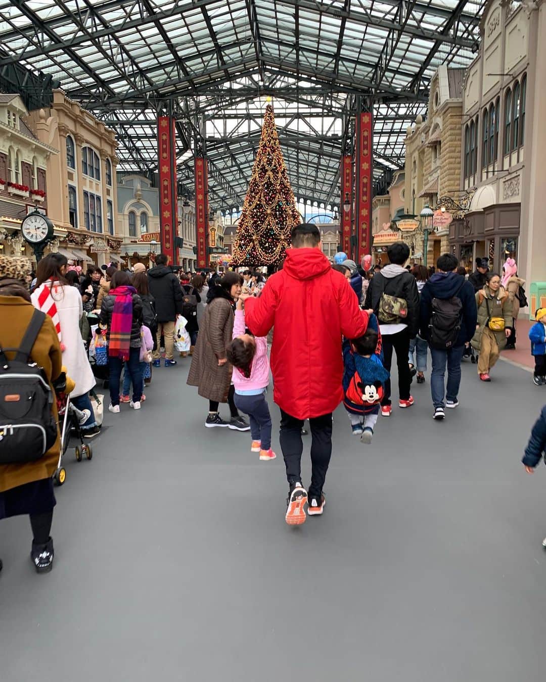 エリナ シルカのインスタグラム：「Who needs a stroller when you have dad?  パパは力持ち💪👨‍👧‍👦💕 #ディズニー　#ディズニーランド #クリスマスディズニー#ディズニークリスマス #双子　#双子育児 #双子ママ #双子パパ　#ラガーマン　#ラグビー　#筋トレ」