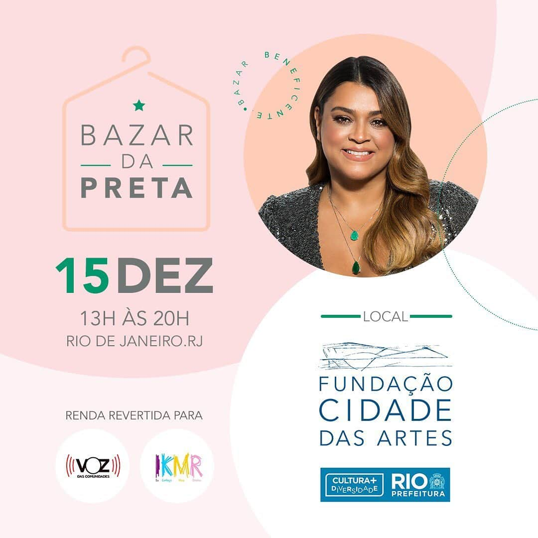 Preta Gilさんのインスタグラム写真 - (Preta GilInstagram)「Tá chegando a 12ª edição do @bazardapreta_, que acontece dia 15 de dezembro, na Cidades das Artes - Rio de Janeiro!!! Quero agradecer todas as inúmeras doações dos meus amigos e parceiros que estão doando roupas, sapatos e acessórios, e juntos vamos transformar todas essas peças em melhorias para a vida de crianças e idosos que precisam!!! OBRIGADA!!! Que venham mais e mais!!! Toda renda do evento será revertida para @vozdascomunidades @ikmr_brasil ❤️ _________________________ • 15 de dezembro no RJ • 13h às 20h • Na @cidadedasartes_  #bazardapreta2019 #bazardapreta」12月3日 5時42分 - pretagil