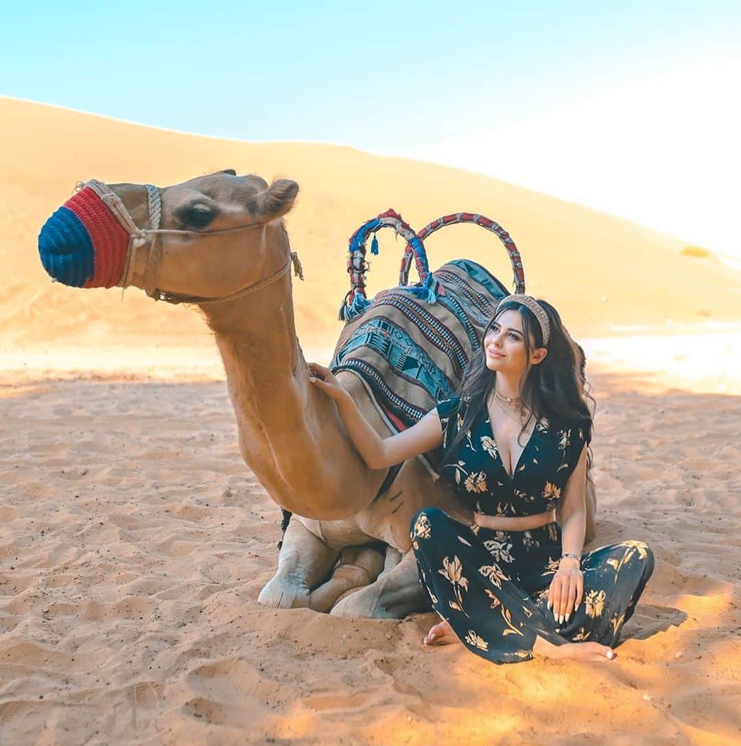 Azzyのインスタグラム：「This was my first time ever meeting a camel! 🐪 Camels are by nature social animals so it was a lot of fun hanging out with them. And you can’t see it in this photo, but they’re REALLY tall and have really long legs…they’re like ALL legs! Something I wasn’t expecting 😱」