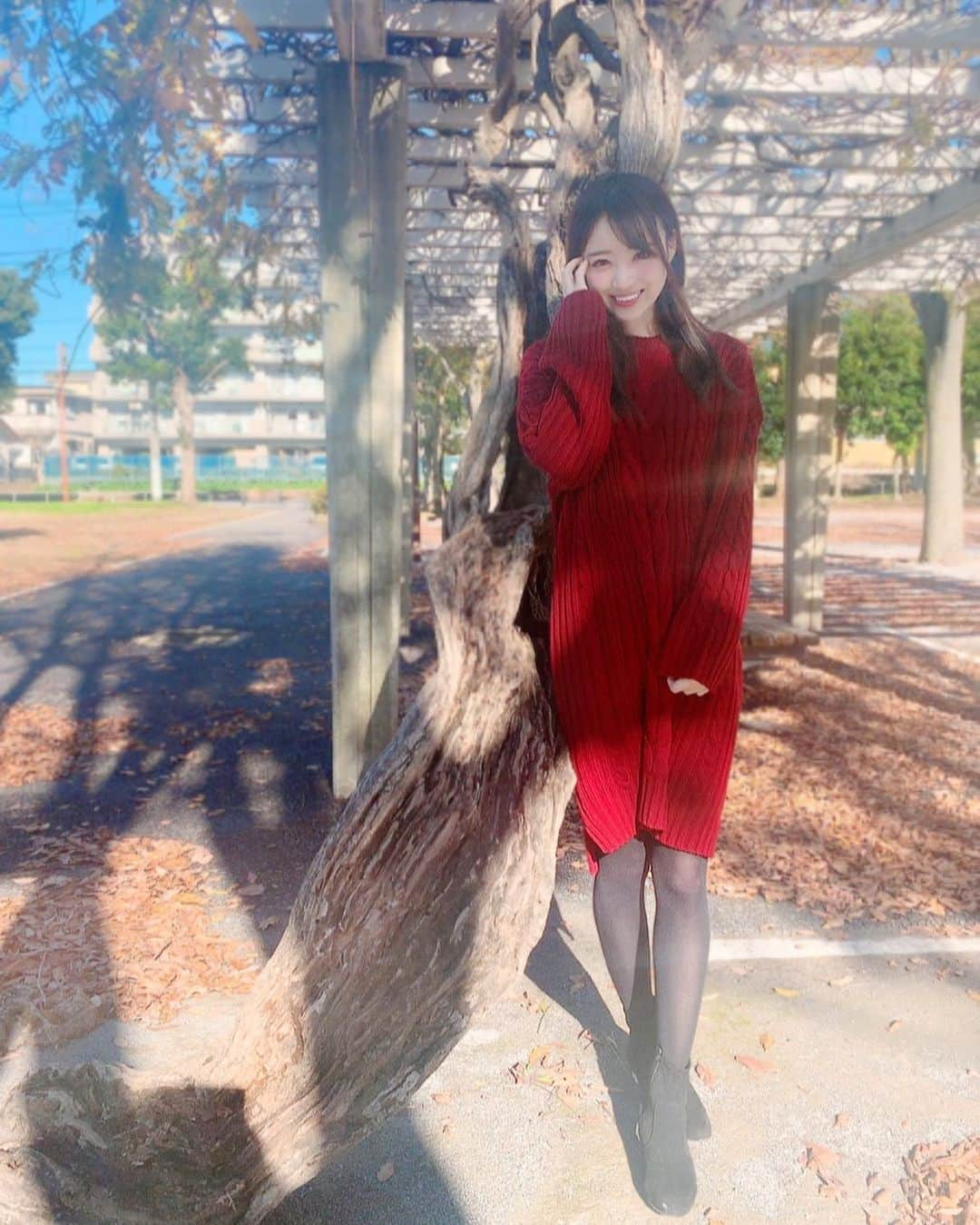 小越しほみさんのインスタグラム写真 - (小越しほみInstagram)「・ ・ いいおてんき☀️ ・ ・ ・ ・ ・ @ririnco_jp #リリエンコ #knit #ニットワンピ #red #赤 #公園 #park #sunnyday #韓国ファッション #ootd #cordinate #instafashion #にこにこ」12月3日 12時01分 - shihomi1129