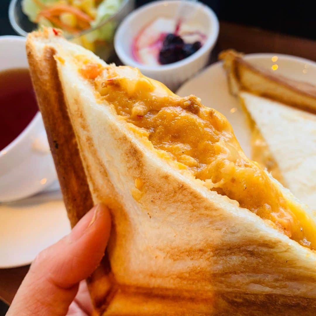 一条もんこさんのインスタグラム写真 - (一条もんこInstagram)「高知県に来ています。  駅前の『アイスカフェ』さんにてカレーチーズホットサンドのモーニング。¥580。 とろとろ熱々、スパイシーです。 朝から素敵な笑顔の店員さん。朗らかな気持ちになります。 高知県の人はみんないい人だし何を食べても美味しいし、空気もきれい。大好きな地になりました。 #カレー#curry#高知県#高知駅#カフェ#モーニング#カレーチーズホットサンド#アイスカフェ#駅前#スパイシー#楽しい高知#寝ぼけながらカレー#カレー探し#一条もんこ」12月3日 13時19分 - monko1215