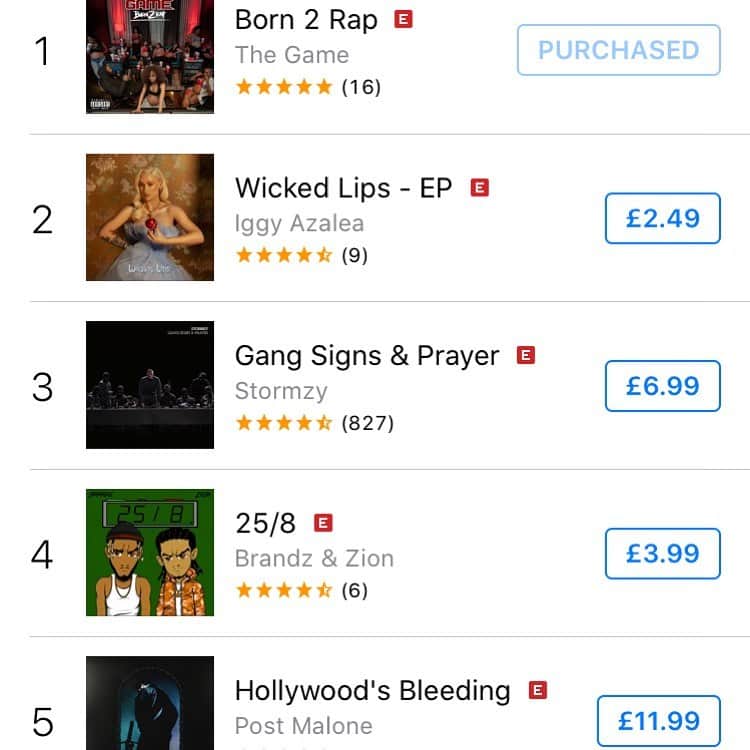 ゲームのインスタグラム：「#1 album in the United Kingdom 🙌🏾 @applemusic @eone_music for believing in the project & all my fans for waiting it out...... Greatness takes time 🙏🏾 #Born2Rap #ProlificRecords #SenorDeLosCielosTequila」