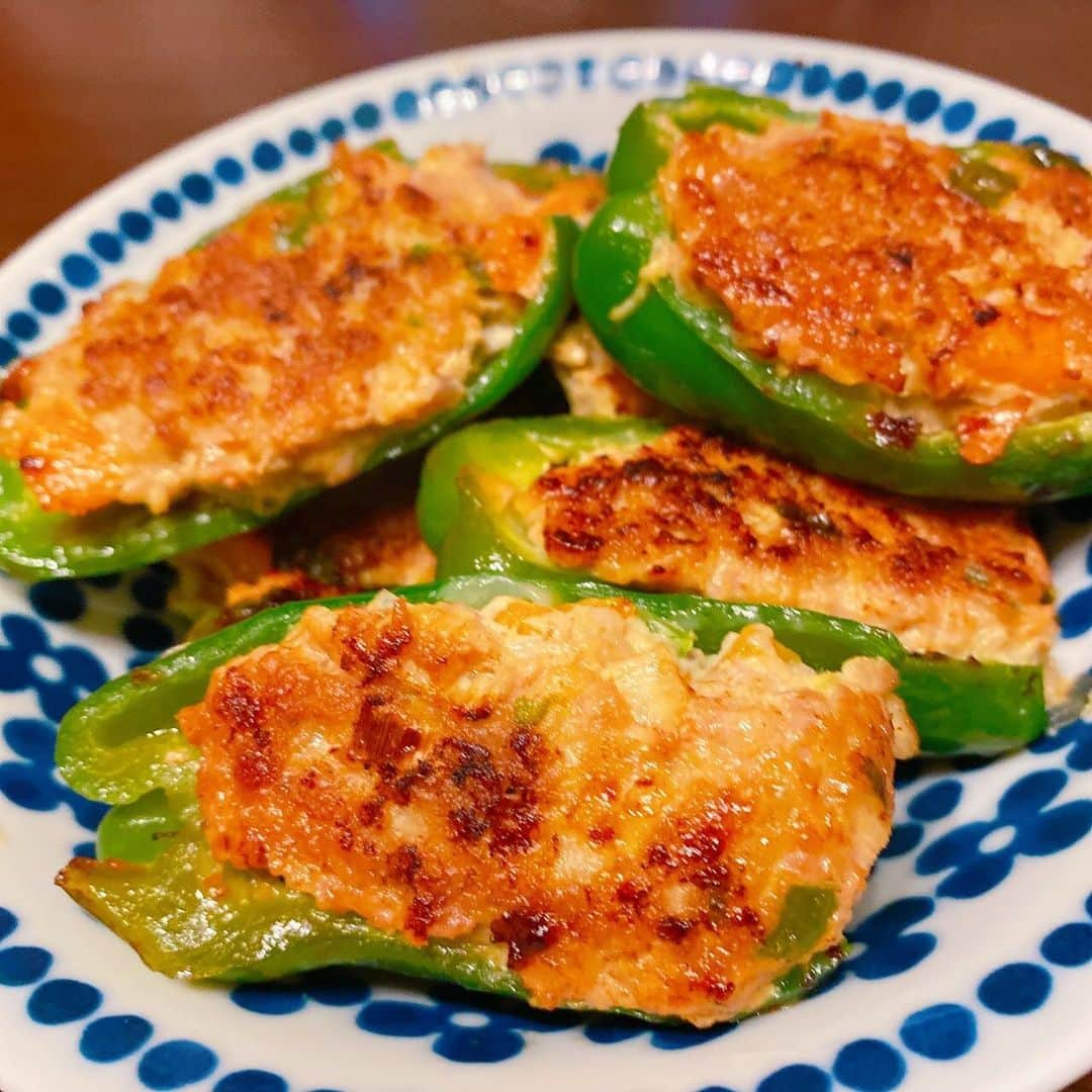 山西章博のインスタグラム：「今日のご飯。息子用の野菜入りミートボールのタネで、ピーマンの肉詰めなのさ！ #ピーマンの肉詰め  #豚挽肉 #みじん切りの野菜入り #息子はミートボール #結局食べなかった… #前は食べたんやけど… #初心者主夫」