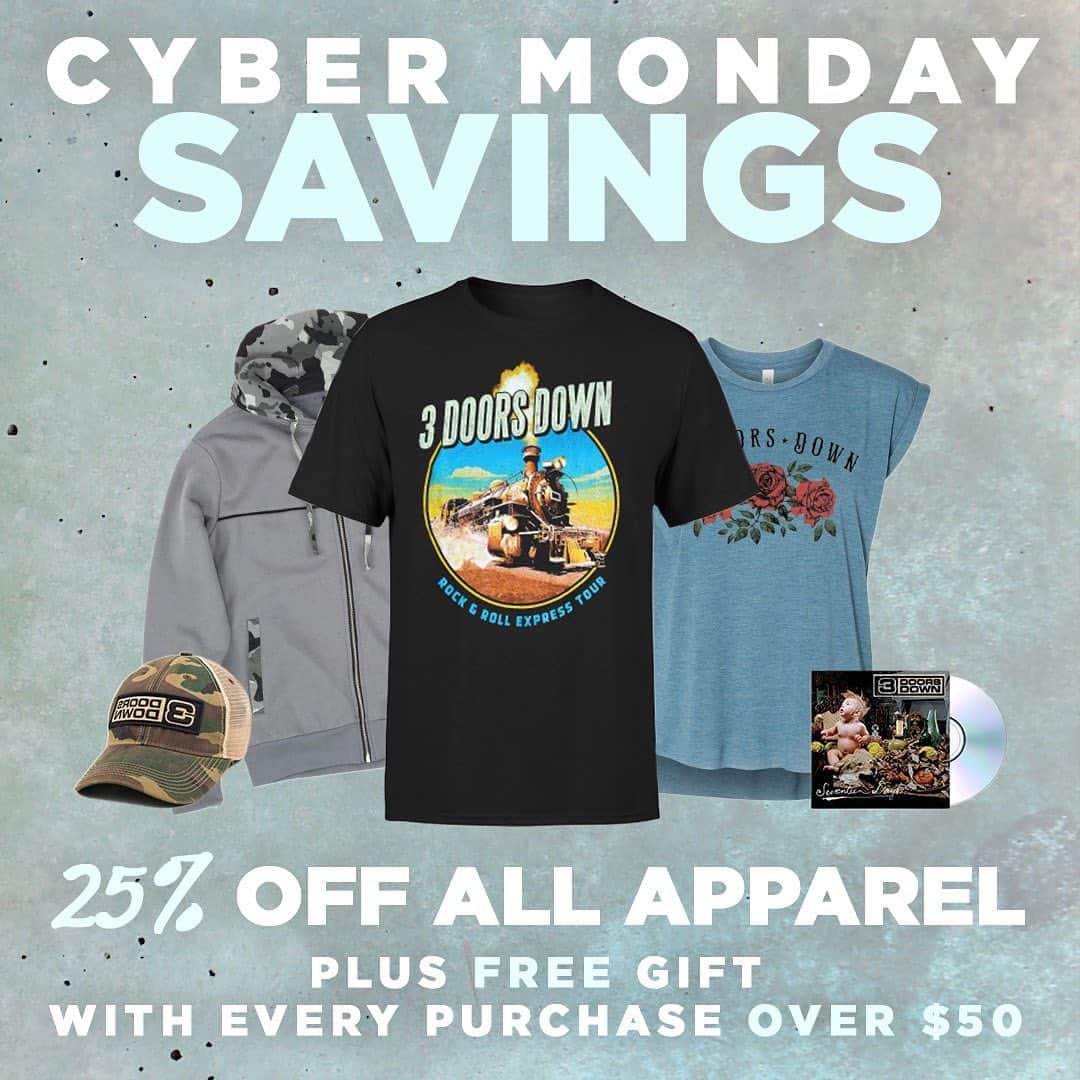 3 Doors Downのインスタグラム：「Our #CyberMonday Sale is continuing all week. Don't miss out on this great deal! Shop with the link in our bio now.」