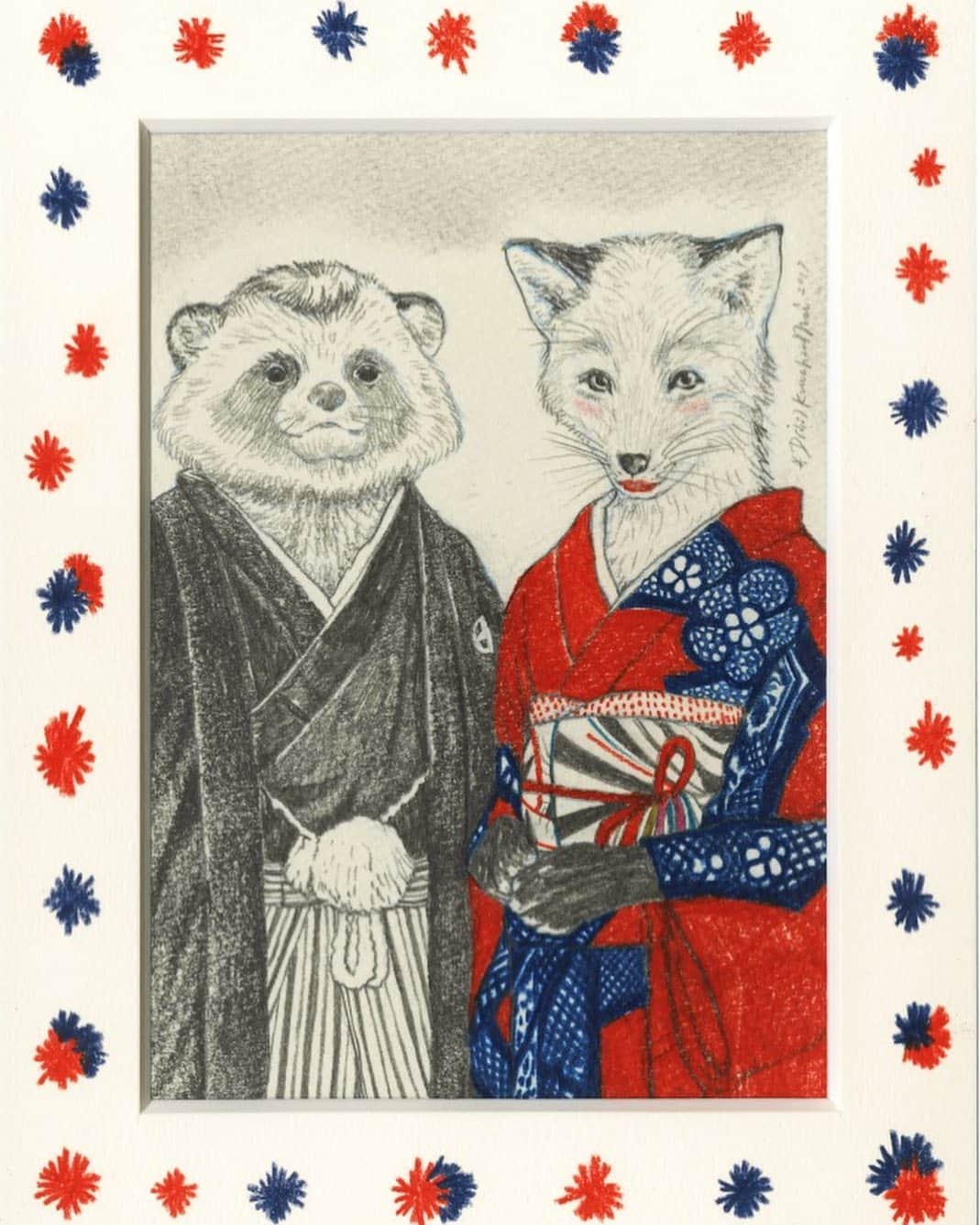 D[di:]のインスタグラム：「#どうぶつ化似顔絵 その2 『Ming家』﻿ ﻿ 最近、渋い結婚式を日本橋の老舗鰻屋さんで挙げられたMing夫妻。﻿ ﻿ 蔦屋書店にもいらっしゃってくれたんだけど、結婚式の写真イケてたので、結婚式写真からのどうぶつ化。﻿ ﻿ やばw 旦那さん似すぎたかも…🤭😅﻿ キョトン感とかアゴの感じとか絶妙になってしまた笑﻿ ﻿ 昨年わたしが結婚報告をインスタにあげたときに、奥様のカリンちょも結婚した！とメッセージをくれて、カリンちょインスタ遡ってみたら、旦那さんとの区役所前での婚姻届写真を載せていて、その時横にいたらウチの旦那ちゃにそれを見せたら、あれ？この人知ってる！→かなり前だけど、よく同じハコでDJしてたらしい…とゆーのが発覚。以来、たまに、ダブル夫婦あそびをしているご夫婦。﻿ 末長くお幸せに💕🎉﻿ ﻿ #どうぶつ似顔絵﻿ #似顔絵オーダー  #似顔絵　 #animalillustration﻿ #たぬき﻿ のミングくん #きつね﻿ #奥様はかきごおりすと #fox﻿ #きつねとたぬきのばけくらべ #発送はしばらくお待ち下さい」
