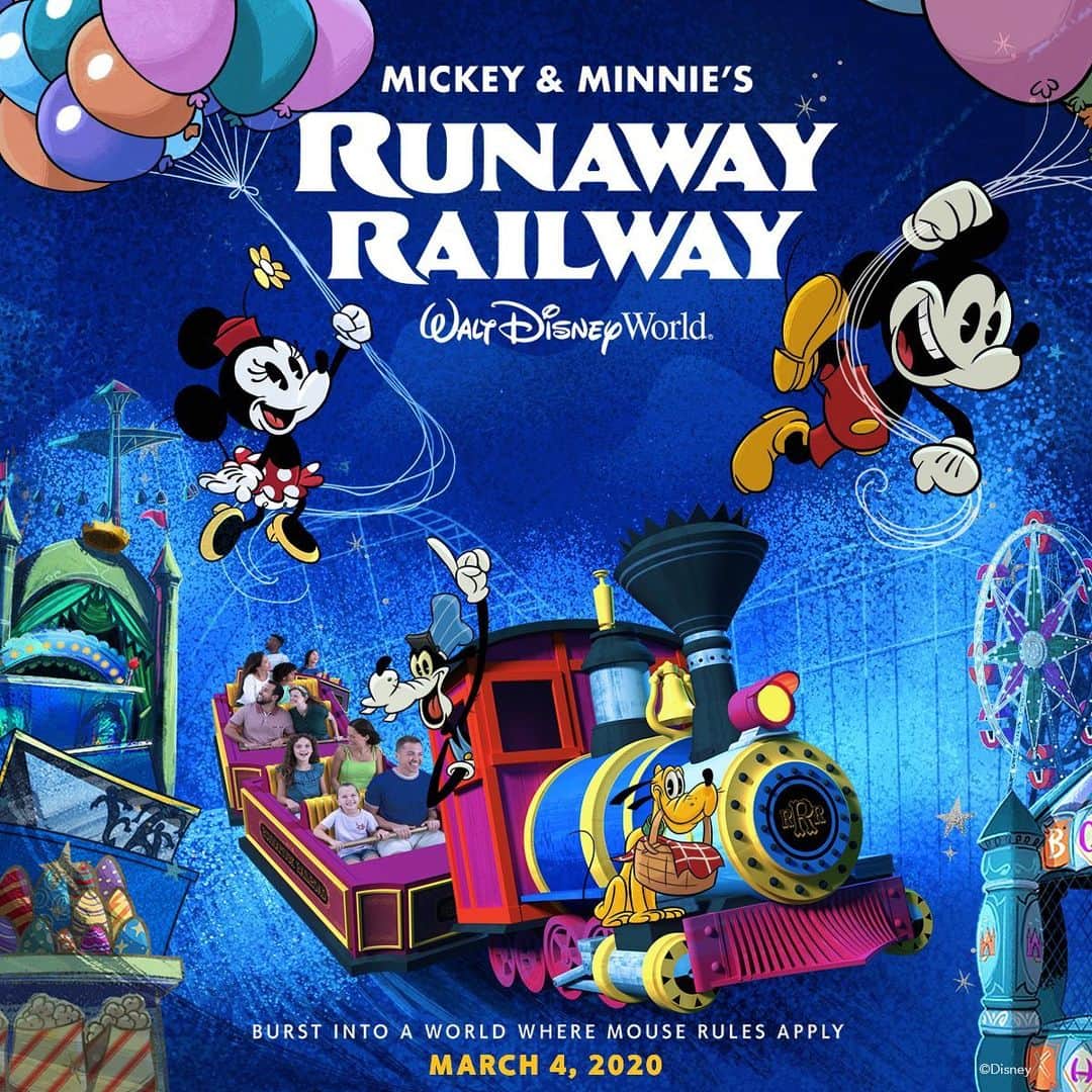 Walt Disney Worldのインスタグラム：「We are thrilled to announce the opening date of Mickey & Minnie’s Runaway Railway with the release of another brand new launch poster! Take a ride on the cartoon side beginning March 4, 2020 at Disney’s Hollywood Studios. #MouseRulesApply」