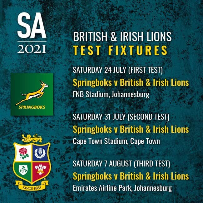 のインスタグラム：「🦁 Coming to South Africa in July 2021 📆 Full tour schedule announced 🏉 Tests in Cape Town and Johannesburg」
