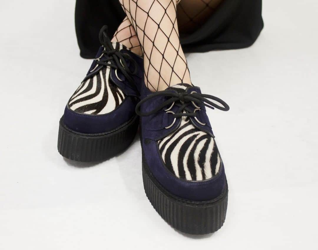 のインスタグラム：「The Original Wulfrun Creeper- this version on a Double sole with navy suede and a zebra print "pony " apron. Also available in single sole leather combinations.⁠ ⁠ ⁠ #UndergroundEngland #UndergroundShoes #UndergroundCreeper #WulfrunCreeper #Creepers #Underground #Wulfrun #OriginalCreeper #algender」