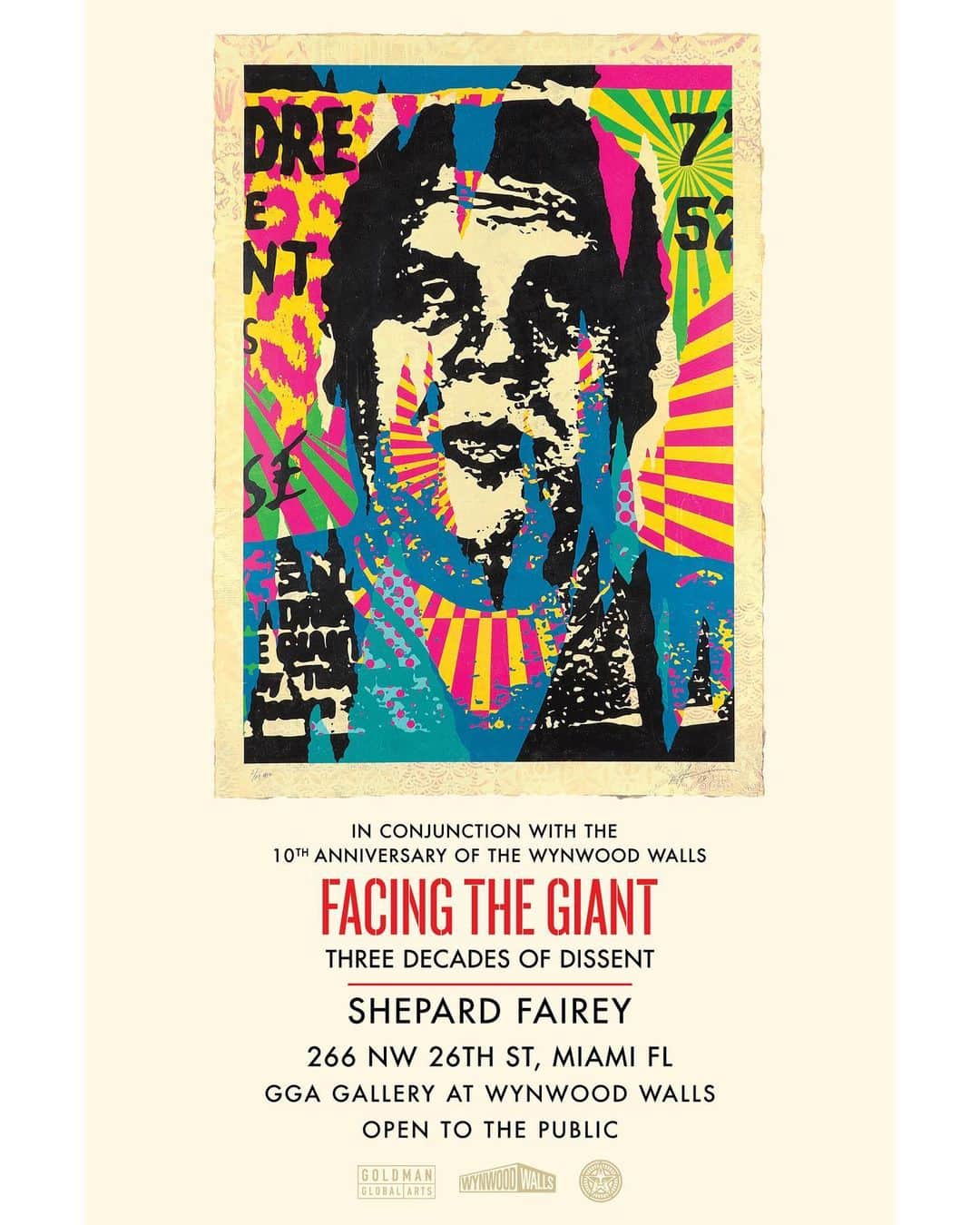 Shepard Faireyのインスタグラム：「Last stop on the #FACINGTHEGIANT tour is Miami, Florida! In conjunction with the 10th anniversary of Wynwood Walls, "Facing the Giant: Three Decades of Dissent" is opening today, December 4th, 10am - 12am at the GGA Gallery (@goldmanglobalarts). If you're in the area, I hope to see you there! Visit the link in my bio for more details. - Shepard ⠀⠀⠀⠀⠀⠀⠀⠀⠀ #OBEYGIANT30TH #MIAMI #WYNWOODWALLS #OBEYGIANT #OBEY #SHEPARDFAIREY」