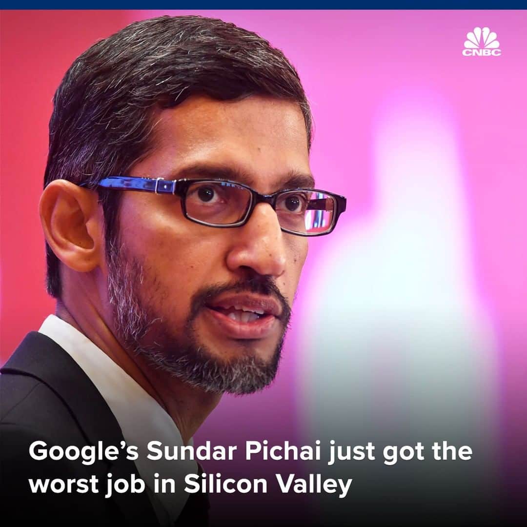 CNBCさんのインスタグラム写真 - (CNBCInstagram)「Congrats to Sundar Pichai 🎉 – who just got promoted to the worst job in Silicon Valley.⁠ ⁠ The Google leader will become the new CEO of Alphabet (Google’s parent company) now that CEO Larry Page and President Sergey Brin are stepping aside. ⁠ ⁠ Pichai’s road forward will be anything but smooth sailing, though. Alphabet under Pichai faces a myriad of challenges, ranging from antitrust investigations to internal employee revolts.⁠ ⁠ And as Pichai looks to solve these issues, Page and Brin will still be looming over the company as active board members (meaning they could outvote decisions made by Pichai).⁠ ⁠ Read more on the challenges Pichai faces as Alphabet CEO at the link in bio.⁠」12月5日 11時55分 - cnbc