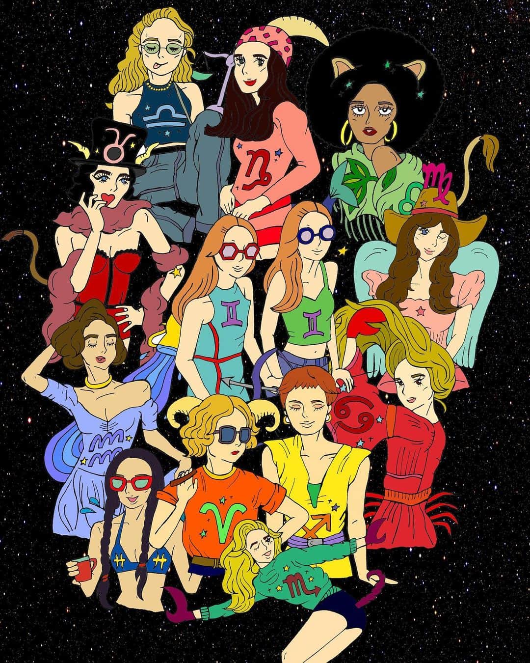 nanamyのインスタグラム：「Some 70's vibe HOROSCOPE girls! that I draw for my always favorite team @ellegirl_jp ⭐️🔮⭐️ ・  とてもチャーミングであろう、『ルーシーグリーン先生の2020年上半期占い』にてポップな女の子たちを描きました。初めてお仕事させていただいたエルガールで、いまもこうして描けるのが本当に嬉しい。。ぜひオンラインでみてみてください😊🌖🌜 #ellegirl #horoscope #2020 #illustration #drawing #70sfashion #girls」