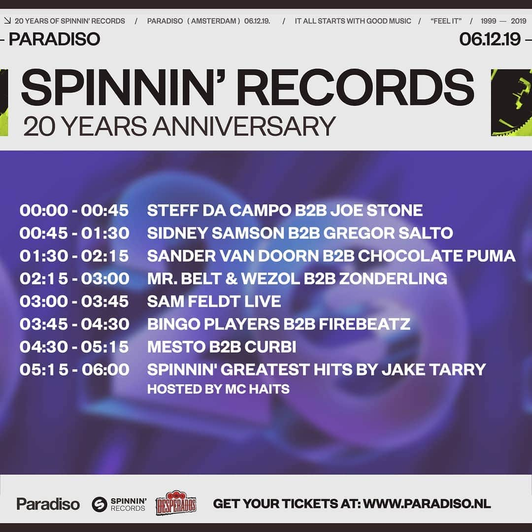 Spinnin' Recordsさんのインスタグラム写真 - (Spinnin' RecordsInstagram)「This is the timetable for our 20 Years Anniversary on Friday! 🤩 Who are you looking forward to the most? Tickets: #linkinbio  #SPINNIN20YEARS #SteffDaCampo #JoeStone #SidneySamson #GregorSalto #SanderVanDoorn #ChocolatePuma #MrBeltAndWezol #Zonderling #SamFeldt #BingoPlayers #Firebeatz #Mesto #Curbi #JakeTarry #MCHaits #B2B #SpinninRecords - @steffdacampo  @joestonemusic  @sidneysamson  @gregorsalto  @sandervandoornofficial  @chocolatepuma @mrbeltandwezol @zndrlng @samfeldtmusic  @bingoplayers @firebeatz @mestomusic  @curbi @mchaits」12月5日 17時07分 - spinninrecords