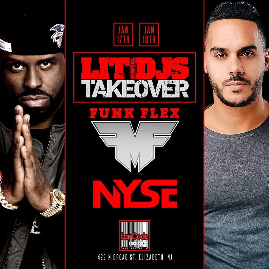 ファンクマスター・フレックスのインスタグラム：「@litdigitaldjs take over Barcode!  Brunch! Sunday Dec22nd! @funkflex  x @djnyse_  Friday Jan17th - @djnyse_  Sat  Jan18th - @funkflex  I’m gonna tear the paint off! Steen get ready!」