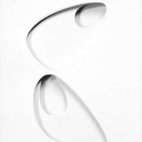 のインスタグラム：「Paolo Scheggi was a young Italian artist known for his abstractions which created shallow space and light by superimposing monochromatic surfaces and overlapping elliptical holes creating which served more as objects than paintings . His work was exhibited in several Venice Biennales and during his short life was part of the avant-garde ZERO group against dominant postwar expressionist movements. He is a great inspiration for our #NSxMS Season II Collection. “Intersuperficie Curva Bianca” by #PaoloScheggi 1966 #NausheenShah x #MonicaSordo #ComingSoon」