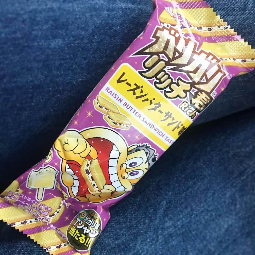 宇野薫のインスタグラム：「今頃ガリガリ君ブームw  チョコミント→たまご焼きに続き レーズンバターサンド最高です！! #ガリガリ君 #ガリガリ君rich  #ガリガリ君richレーズンバターサンド味」