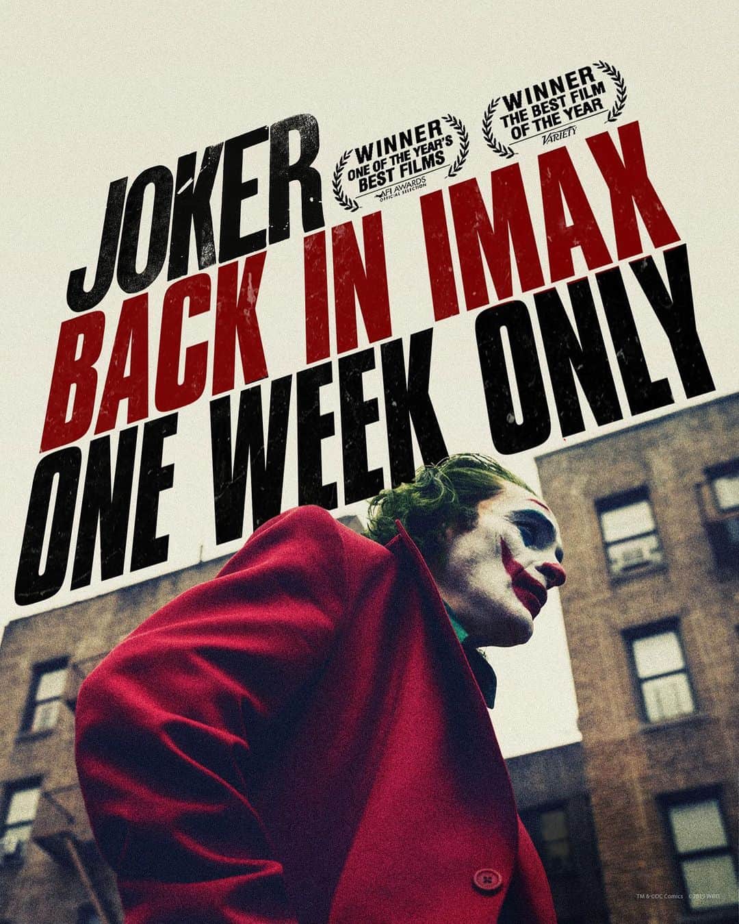 トッド・フィリップスのインスタグラム：「Starting Friday (12/6) we are back on IMAX screens across the country. Last chance to see it on the BIG SCREEN (in the best format)... Also thanks to @americanfilminstitute for including Joker on the years 10 best.  #Joker— we still here.」