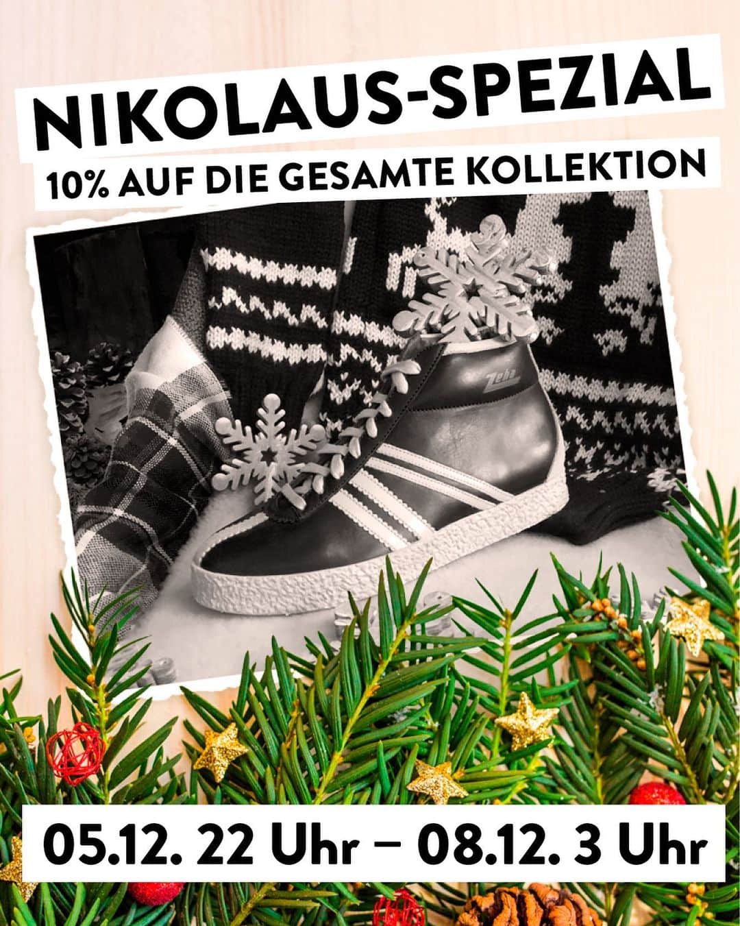 のインスタグラム：「Auf die Plätze, fertig, los: #Nikolaus #SALE ist da!  Wir lieben Traditionen… … und traditionsgemäß stellen zu vielerorts nicht nur Kinder, sondern auch junggebliebene Erwachsene ihre blank geputzten Stiefel vor die Tür. Am Nikolaustag sind diese dann hoffentlich mich Leckereien und kleinen Aufmerksamkeiten gefüllt. Für alle, die jetzt feststellen, dass das Schuhwerk nicht mehr so wirklich präsentabel ist, haben wir eine freudige Nachricht…  Nikolaus-Sale bei #Zeha #Berlin  Traditionsgemäß gibt es auch in diesem Jahr einen Nikolaus-Rabatt von 10% auf unsere gesamte Kollektion. Der Sale gilt für alle Online-Bestellungen in der Zeit vom 05.12. ab 22:00Uhr bis zum 08.12. um 03:00Uhr. Der Preissnachlass ist für diesen Zeitraum in den ausgewiesenen Preisen bereits erhalten.  Schaut vorbei und sichert euch eure persönlichen Favoriten unter  www.zeha-berlin.de *Hinweis: der Rabatt gilt nur für den oben genannten Zeitraum und kann bei nachträglichen Umtauschwünschen und bereits getätigten Käufen nicht berücksichtigt werden.  Rücksendungen innerhalb Deutschlands sind natürlich wie immer kostenfrei. #sneakers #zehaberlin #picoftheday #schuhe #shoes #scarpe #vintage #flashsale #special #berlinshopping #berlinstyle #christmastime #christmasshopping #wintersale #perfectgift #onlinesale」