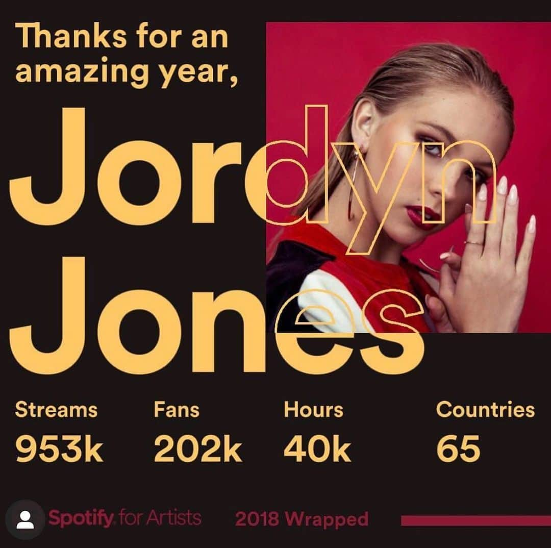 ジョーディン・ジョーンズさんのインスタグラム写真 - (ジョーディン・ジョーンズInstagram)「released my first ep in October... this is crazy 🥳 Thank you to my team, fans, @borgeousmusic & @spotify 🧡 25 million next year, swipe to see my 2018 stats 📈」12月6日 1時45分 - jordynjones