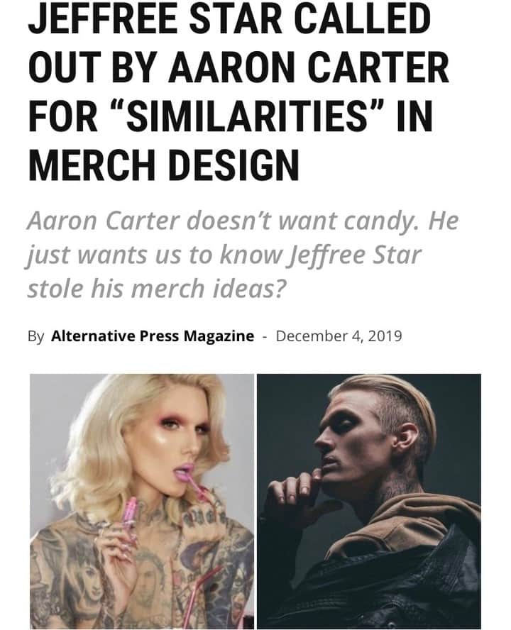 Alternative Pressさんのインスタグラム写真 - (Alternative PressInstagram)「Aaron Carter doesn’t want candy. He just wants us to know Jeffree Star stole his merch ideas?⁠ LINK IN BIO⁠ .⁠ .⁠ .⁠ #jeffreestar #aaroncarter #merch #merchdesigns #alternativepress #altpress」12月6日 6時45分 - altpress