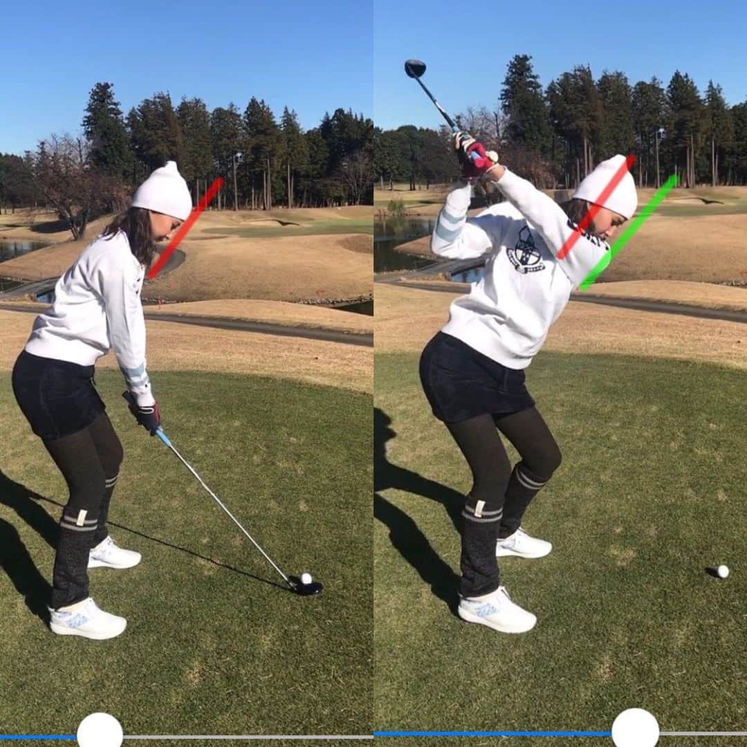 美優さんのインスタグラム写真 - (美優Instagram)「ラウンドレッスンは朝練習場からスタート🏌️‍♀️☀️ ・ その場で私に必要な練習方法を教えてくれるよ！ 朝からお茶目な常住プロ😂 ・ ラウンド中もその場ですぐに動画を撮ってくれて直すべき動きのポイントを画像でわかりやすく説明して教えてもらいました！  ゴルフって言葉で教えてもらっても理解できないことってありますよね😣 動画と画像で説明してくれるのがすぐに解釈できて私には良かった！！✨ ・ 常住プロからのアドバイス👇 【2枚目の写真】 全てのクラブで、アドレスの赤いラインから、トップでは、緑のラインまで頭が前方に沈みます‼️😅💦 その反動で、インパクトでは、起き上がってトップしちゃいます‼️・ 【3枚目の写真】 インパクトの決定的な瞬間ですが、緑のラインがトップのオデコの位置で、青ラインがインパクトなので、かなり起き上がっているのが、分かるかと思います‼️😅 ・ ・ こんな感じで他にも色々とミスショットの原因や気をつける点など教えて頂きました！😊 ・ 今回教えてもらった点を自主練で直して、またラウンドレッスンしてもらおう( ´∀｀)✨ ・ ・ #golf #ゴルフ #ゴルフウェア #ゴルフ女子 #⛳️ #golfwear #enjoygolf #大人の部活 #ゴルフ部 #골프 #골프스윙 #高尔夫 #高尔夫球　#ラウンドレッスン」12月6日 11時07分 - miyu11_20